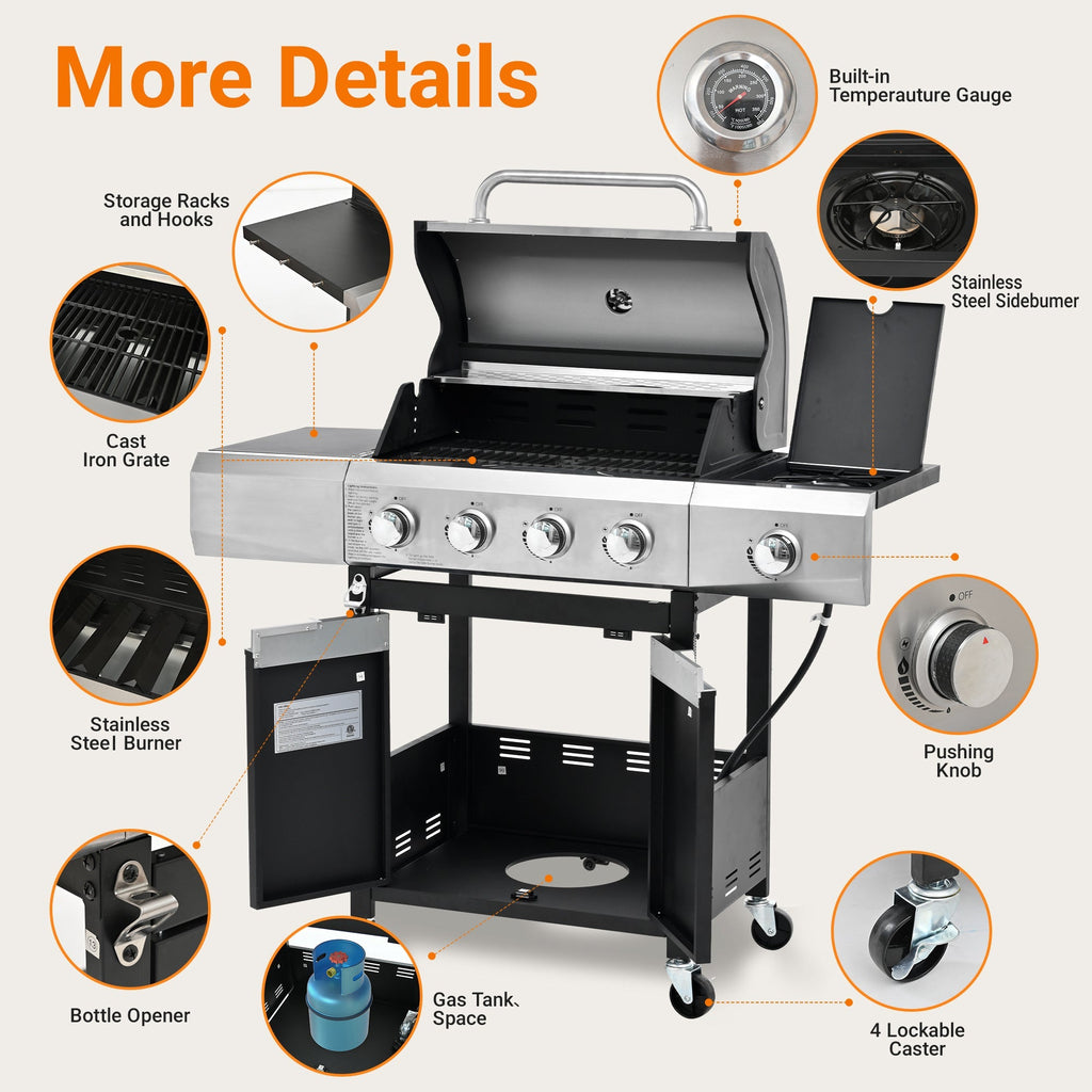Propane Grill 4 Burner Barbecue Grill Stainless Steel Gas Grill with Side Burner