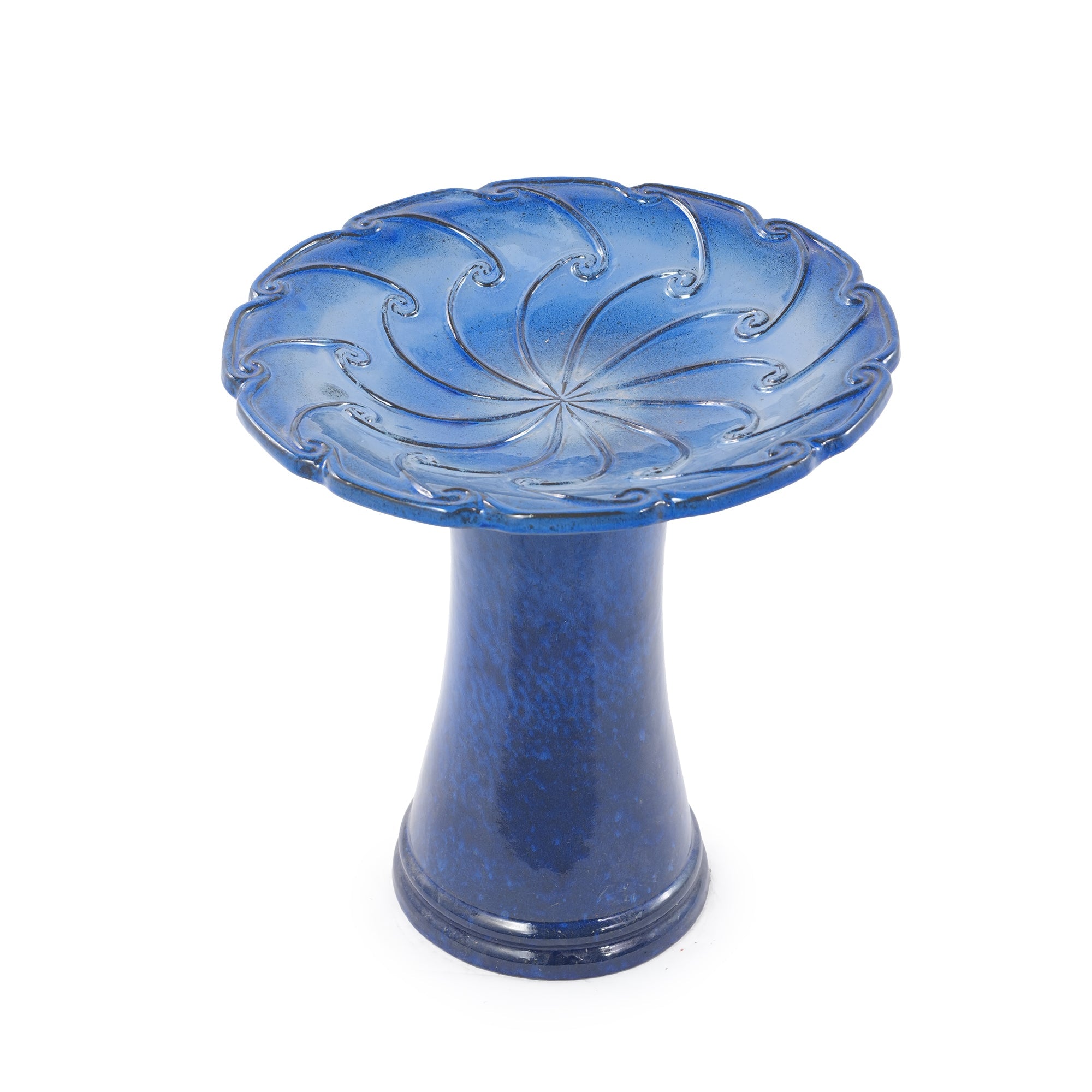 Handmade Glazed Ceramic Bird Bath, 17" Swirling Scroll Embossed Tray