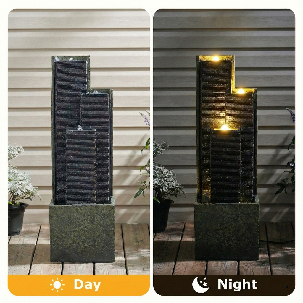 39" H Outdoor Water Fountain Modern Cascading Freestanding Fountain with LED Lights for Garden Patio Porch Lawn