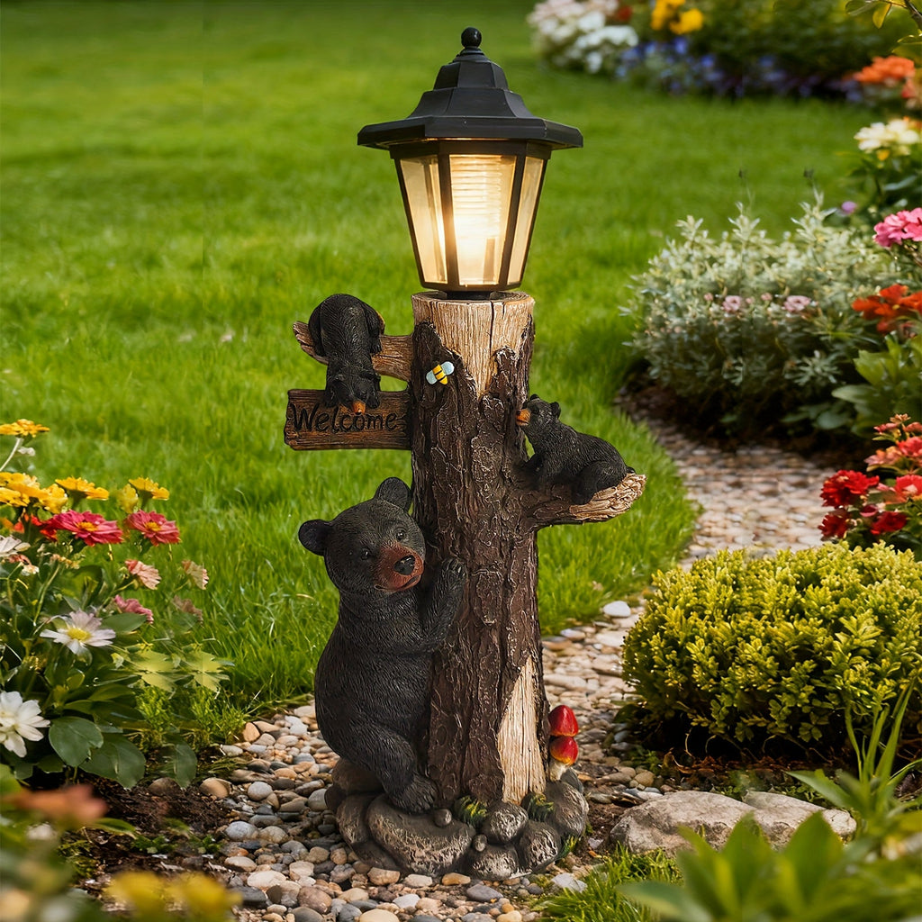 Black Bear Statue Welcome Sign Garden Statue with Solar Light