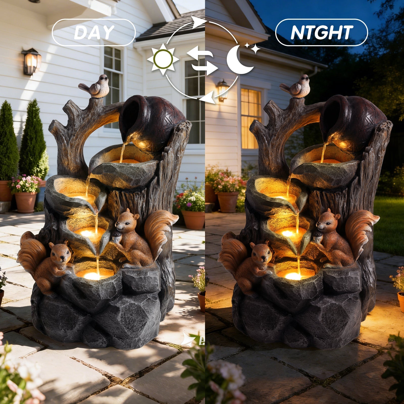 Squirrel Outdoor Water Fountain with Lights