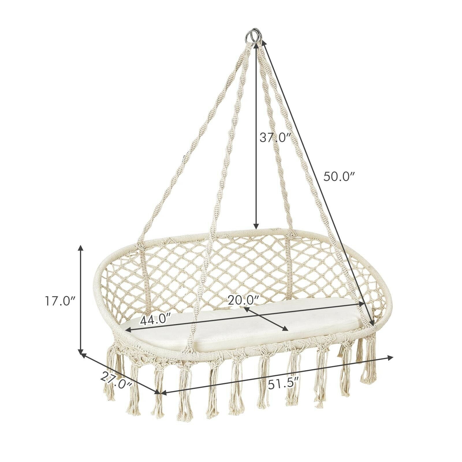 2 Person Hanging Hammock Chair with Cushion Macrame Swing-Beige