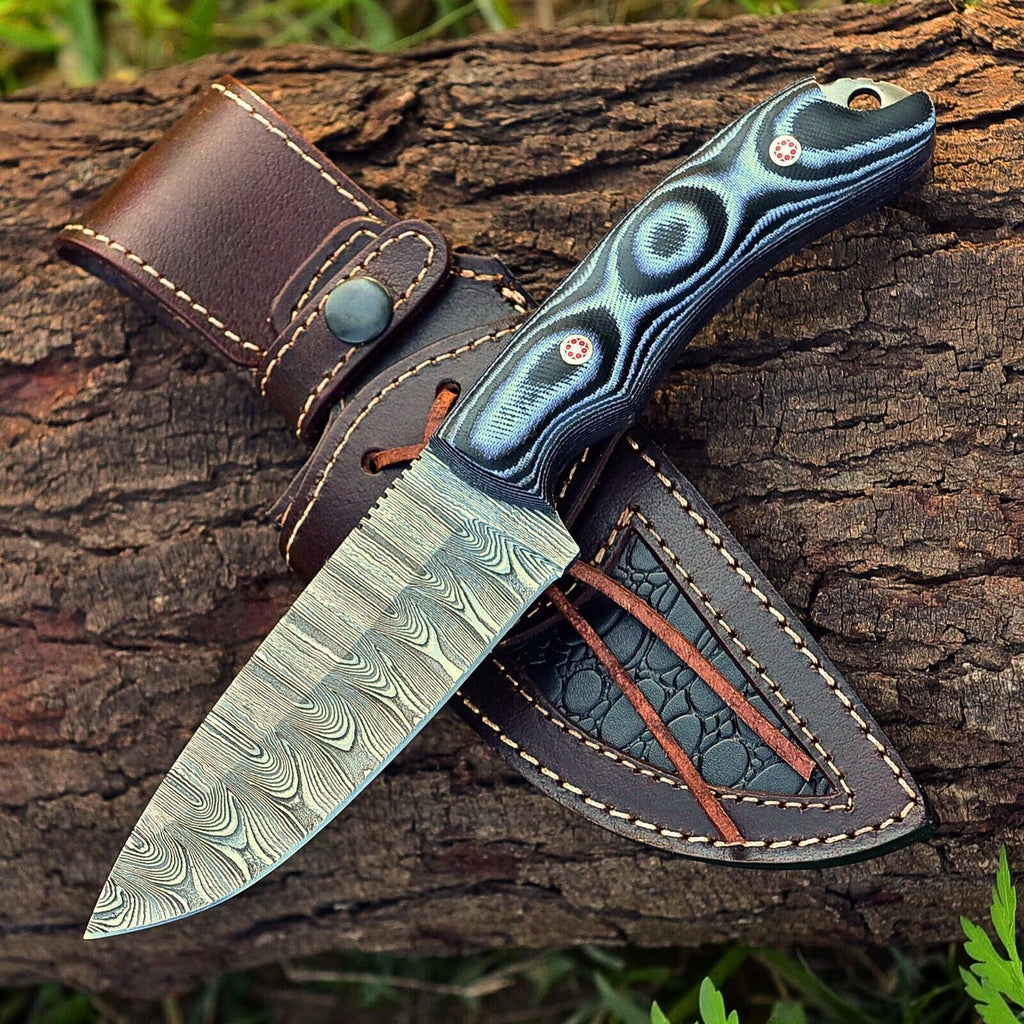 Custom Handmade 9" Damascus Steel Hunting Knife with G10 Handle & Leather Sheath