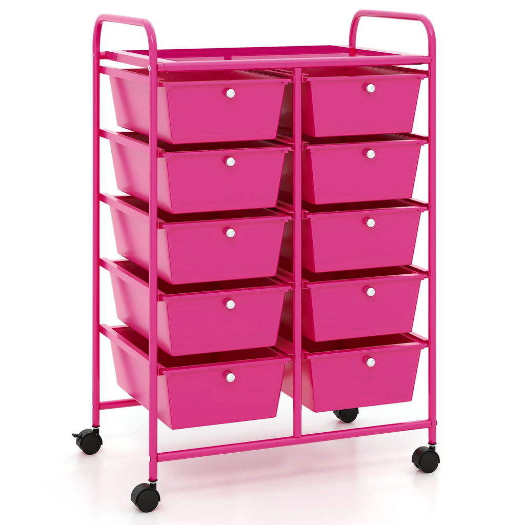 10-Drawer Rolling Storage Cart-Pink