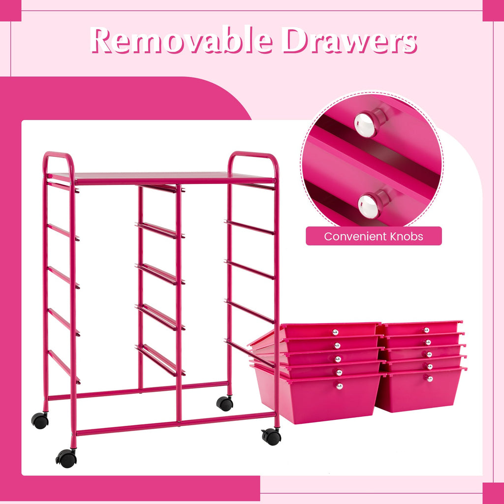 10-Drawer Rolling Storage Cart-Pink