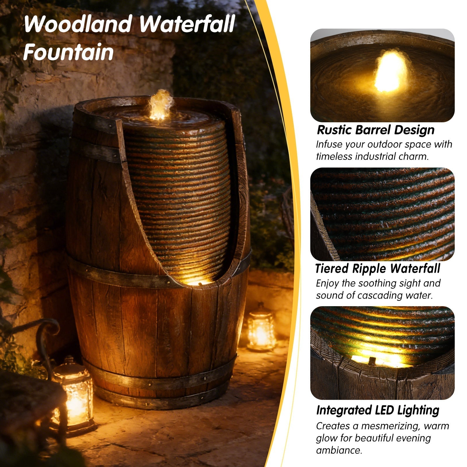 Outdoor Barrel Water Fountain with Rustic Wood Look Resin