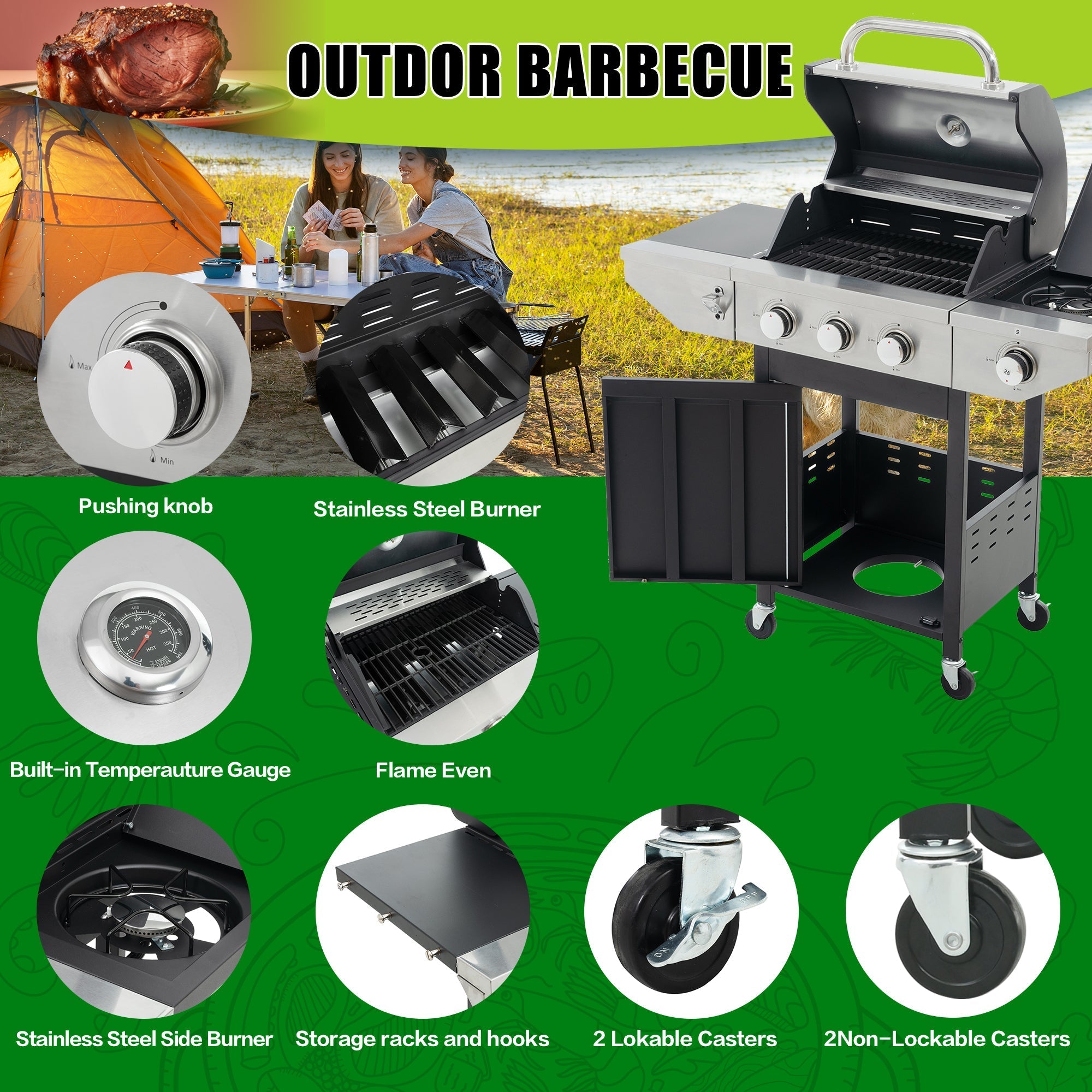 GigaTech 3 Burner Stainless Steel Propane Grill with Side Burner