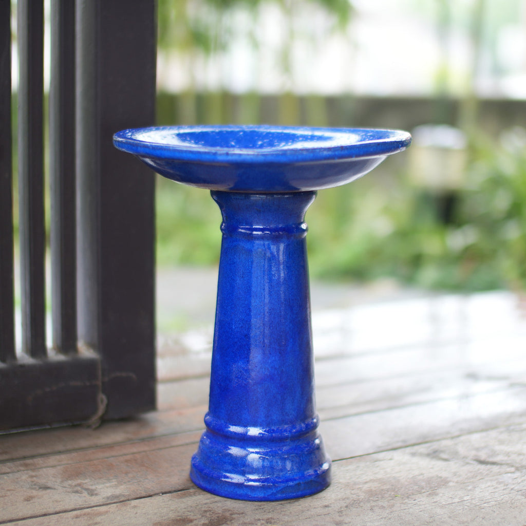 Vintage Sapphire Ceramic Pedestal Bird Bath