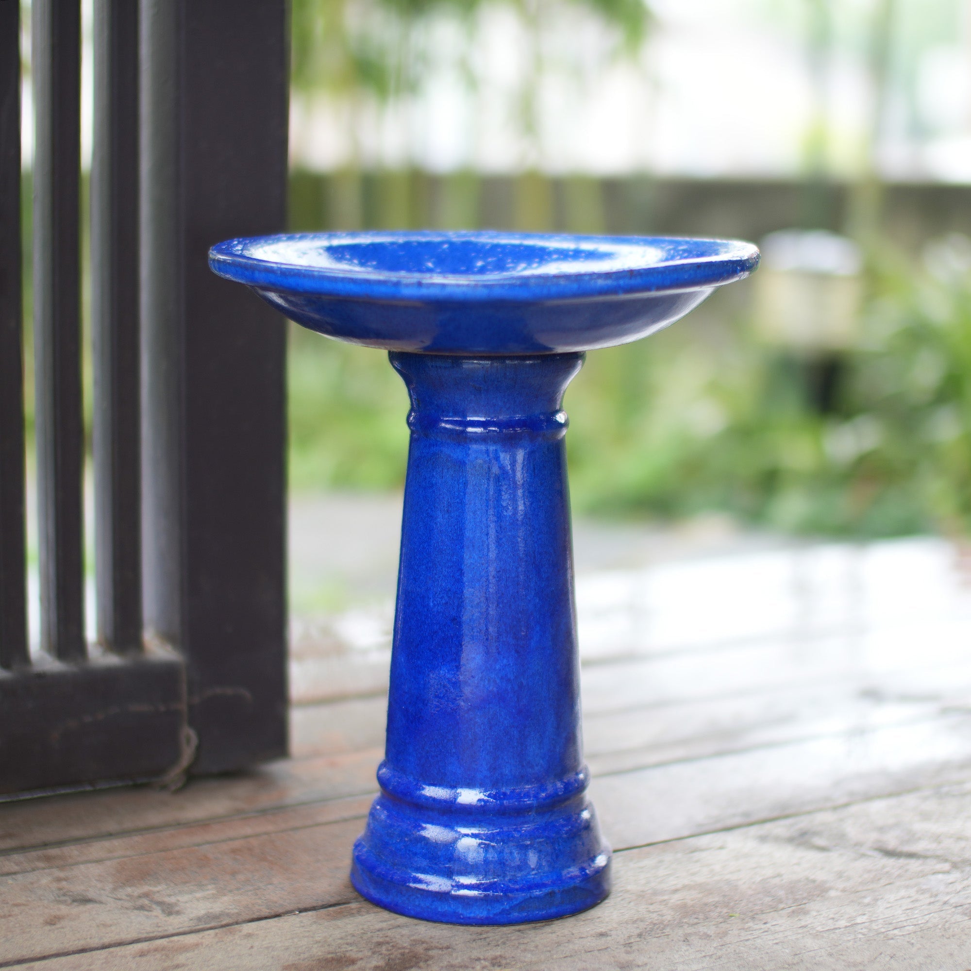 Vintage Sapphire Ceramic Pedestal Bird Bath