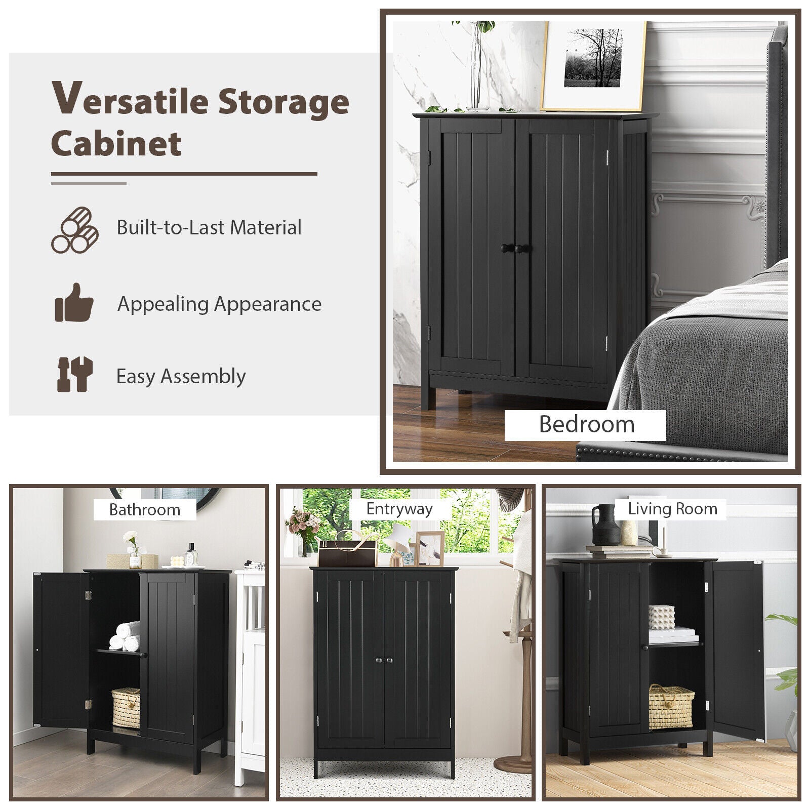 2-Door Freee-Standing Bathroom Cabinet with Shelf-Black