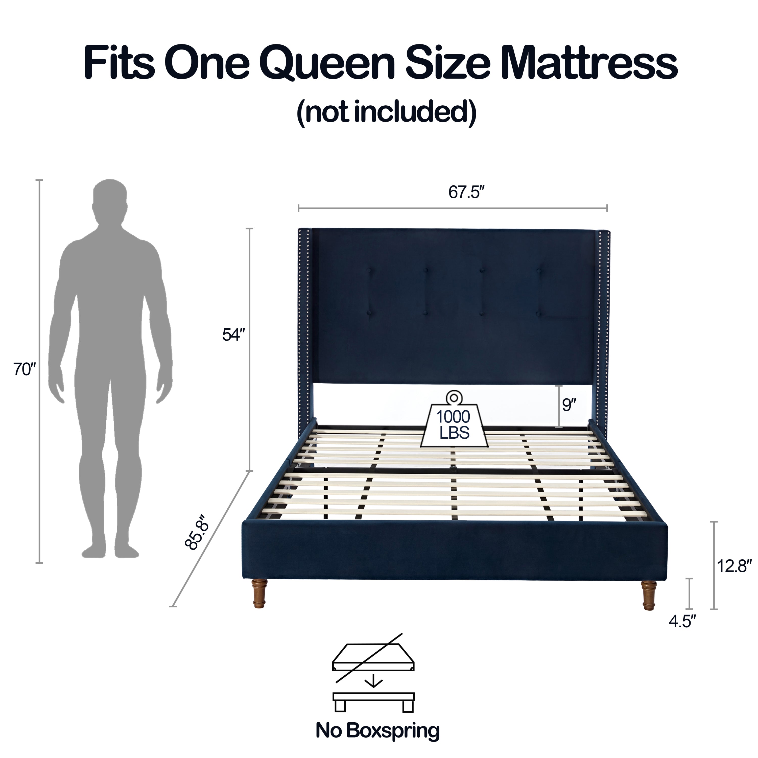 Peyton Upholstered Queen Bed with 54' High Headboard and Traditional Buttoned Tufting in Blue Velvet