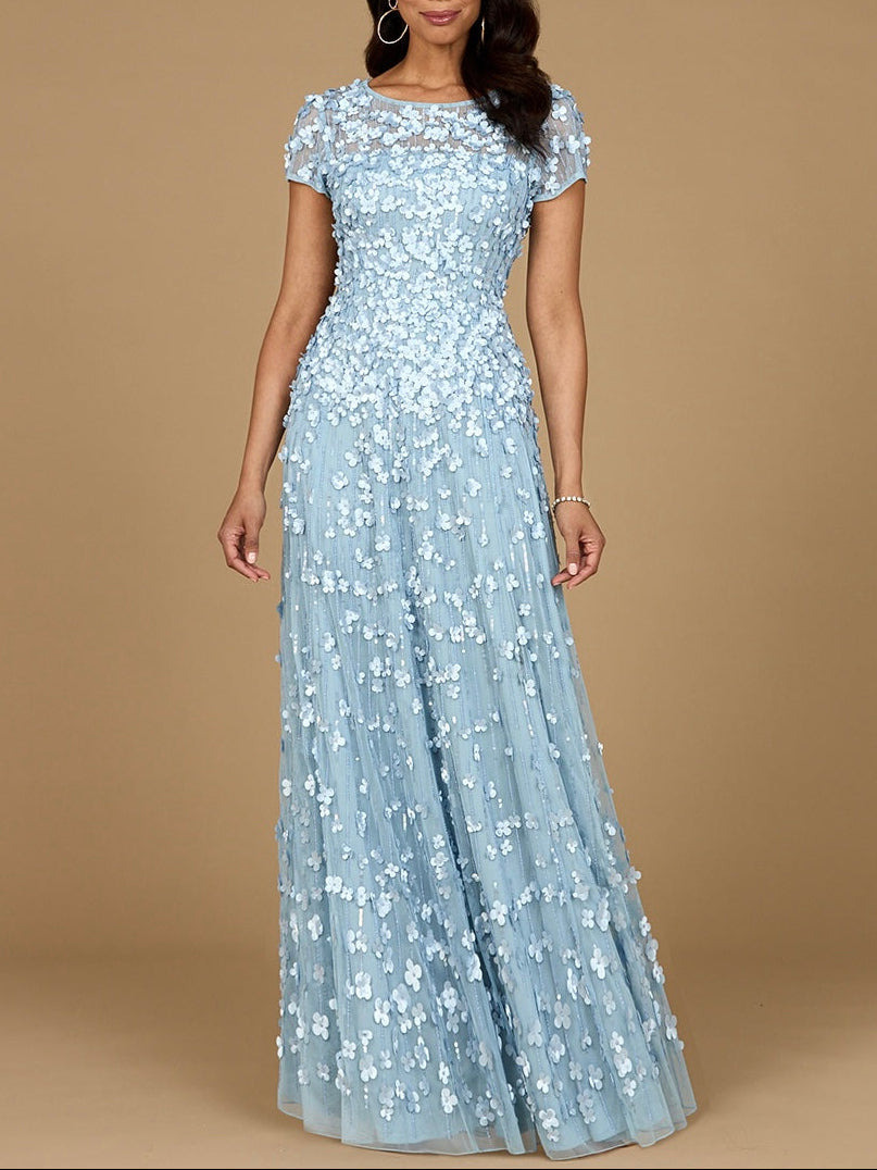 3D Floral Embellished Cap Sleeve Gown