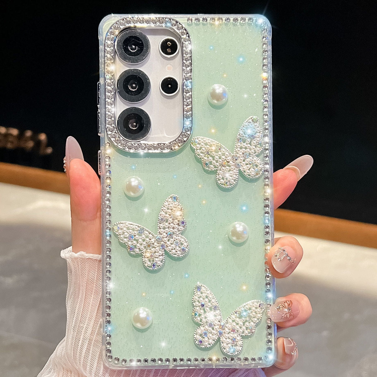 Glitter Powder Pearl Butterfly Style Phone Case With Rhinestones