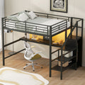 Full Size Loft Bed With Desk, Storage Staircase, Small Wardrobe And LED Light - Black