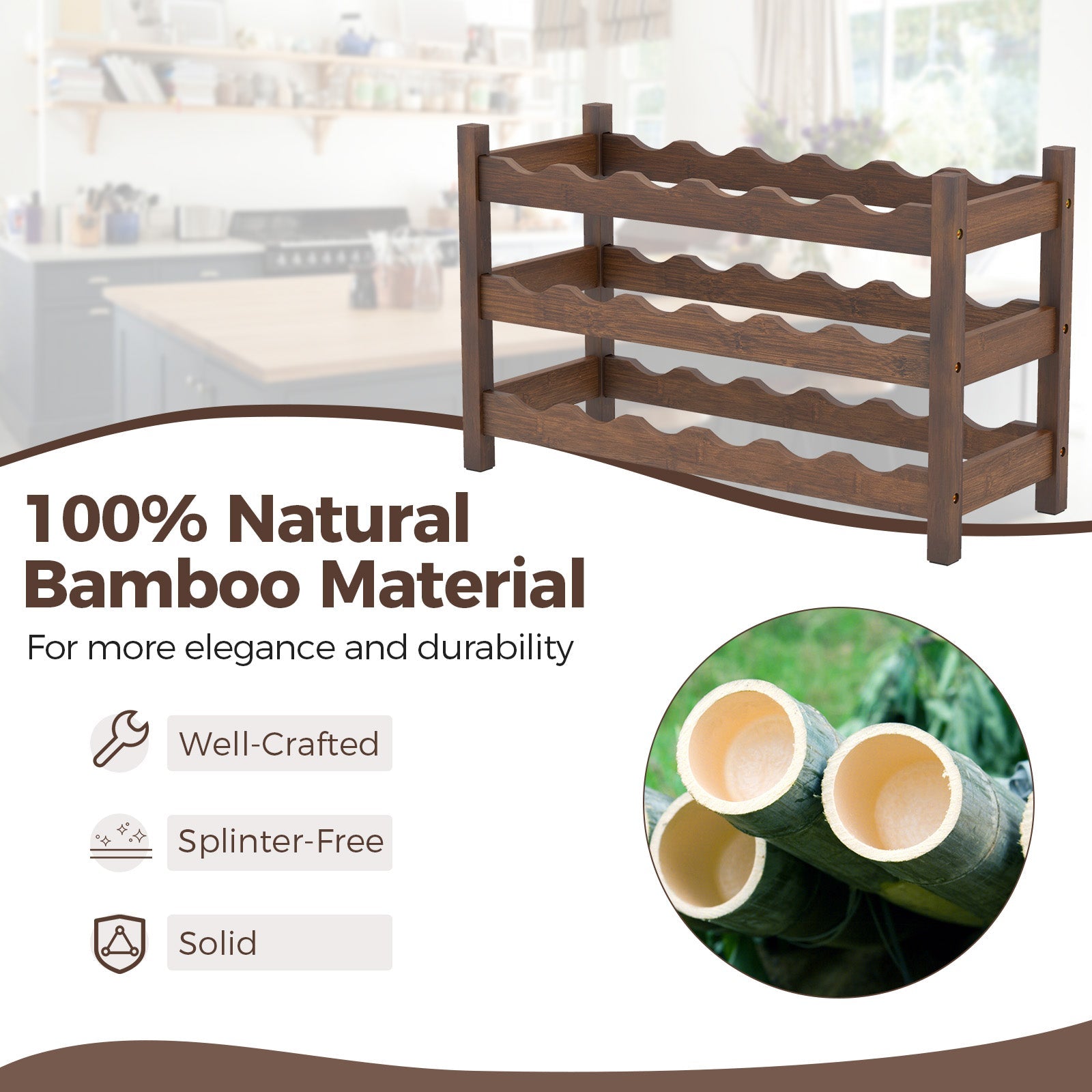 3-Tier Bamboo Freestanding Countertop Wine Bottle Organizer-Coffee