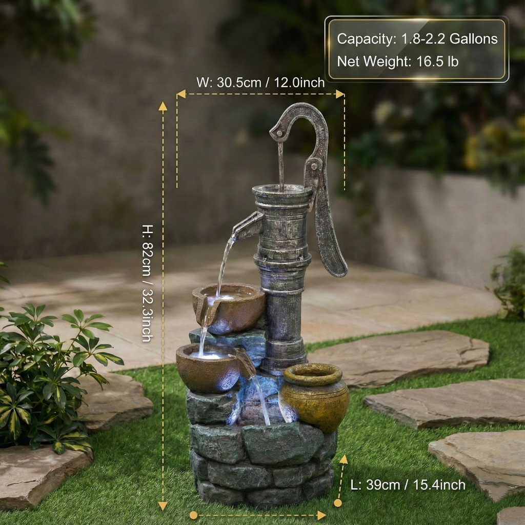 32'' H Large Outdoor Fountain with Vintage Pump