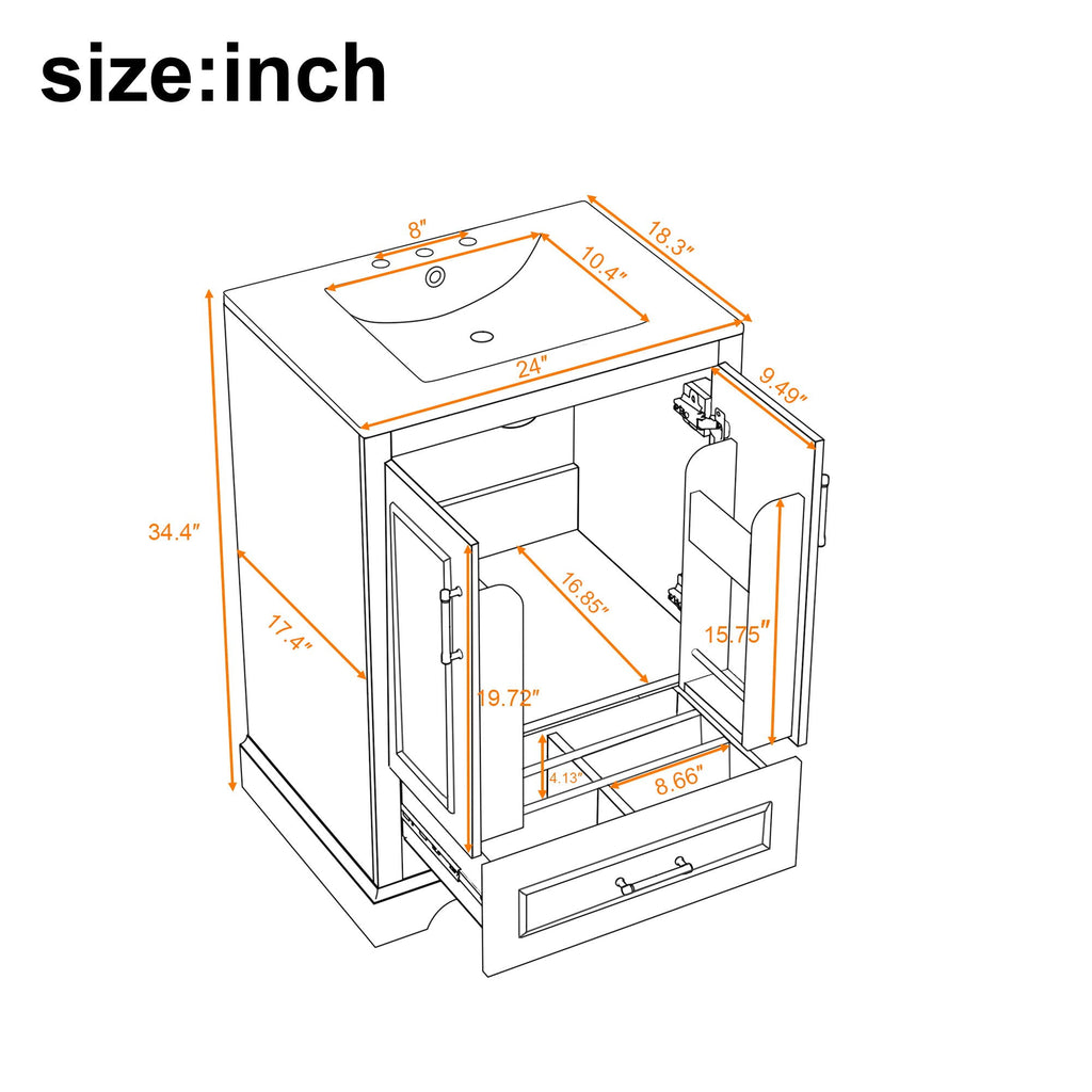 Bathroom Vanity With Sink, 1 Divided Drawer And 2 Soft Close Doors With Double Shelf