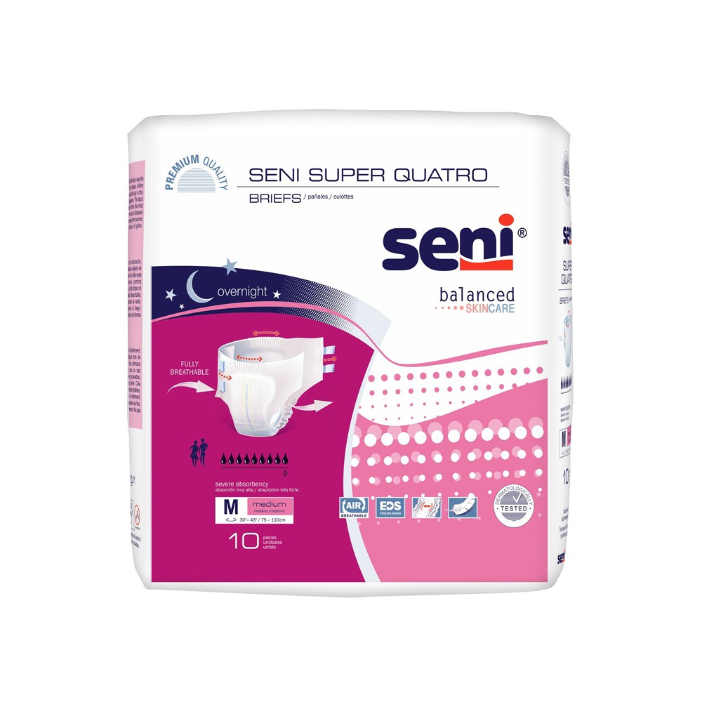 Seni Super Quatro Adult Incontinence Brief M Heavy Absorbency Breathable / Overnight, S-ME10-BQ1, Severe