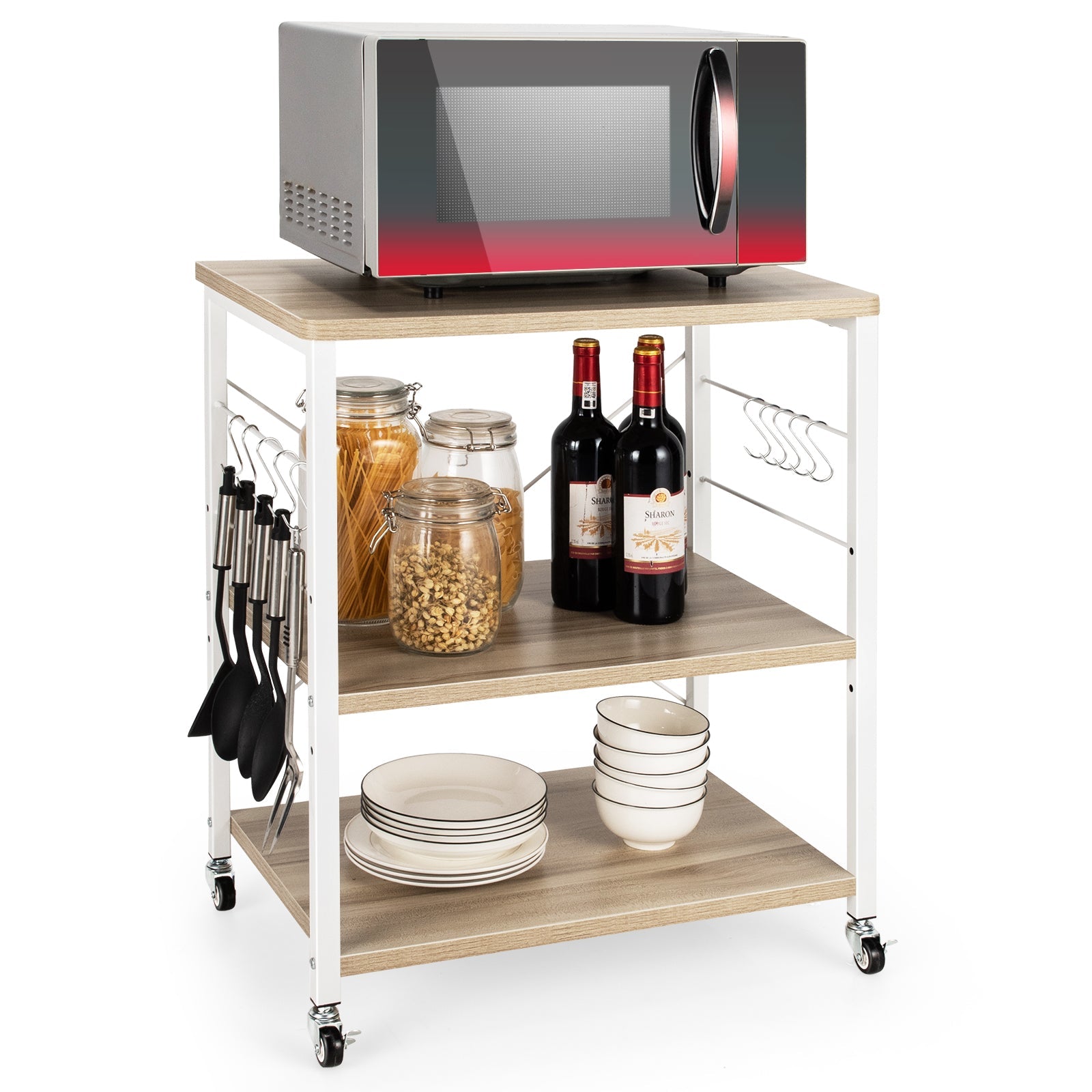 3-Tier Kitchen Baker's Rack Microwave Oven Storage Cart with Hooks-Light Brown