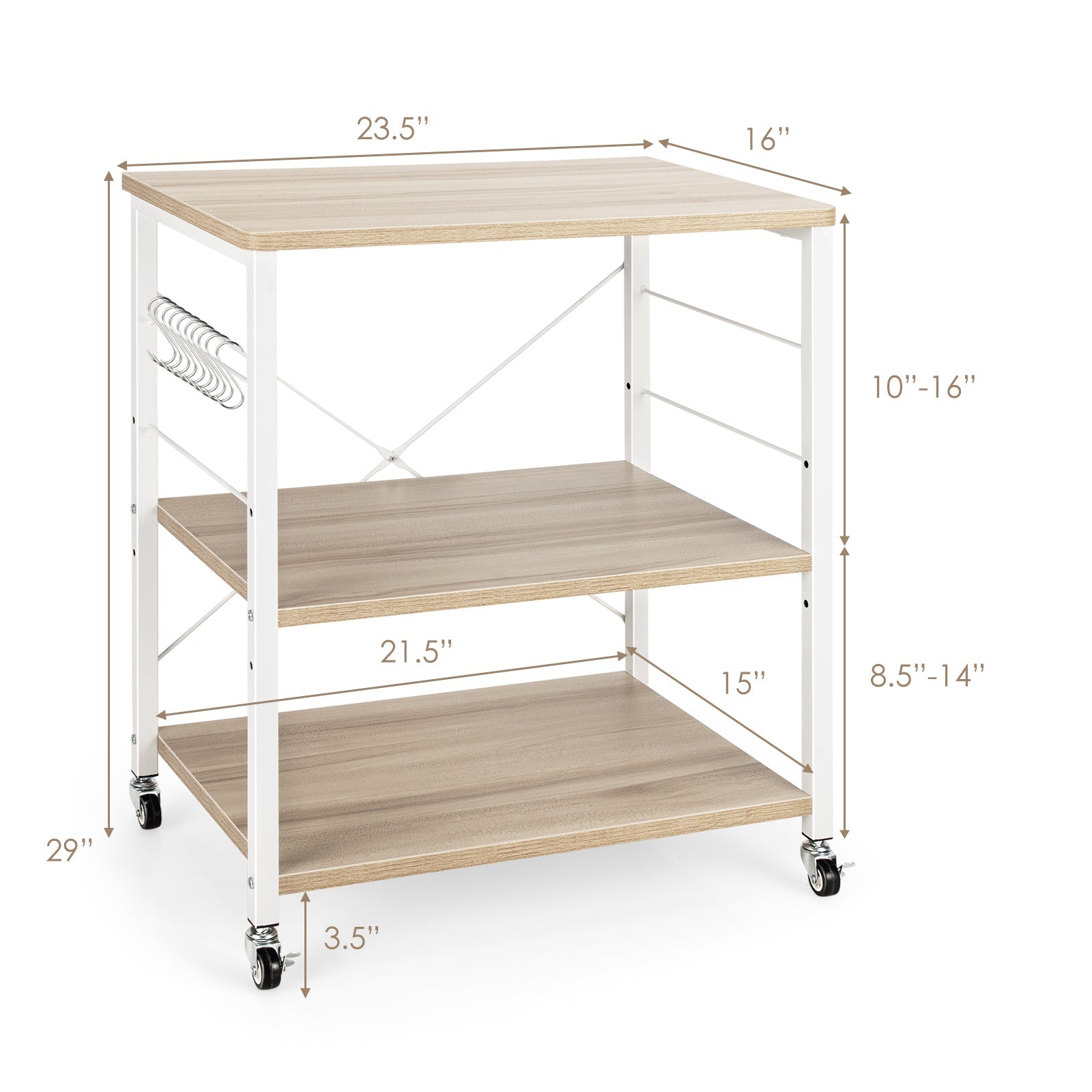 3-Tier Kitchen Baker's Rack Microwave Oven Storage Cart with Hooks-Light Brown