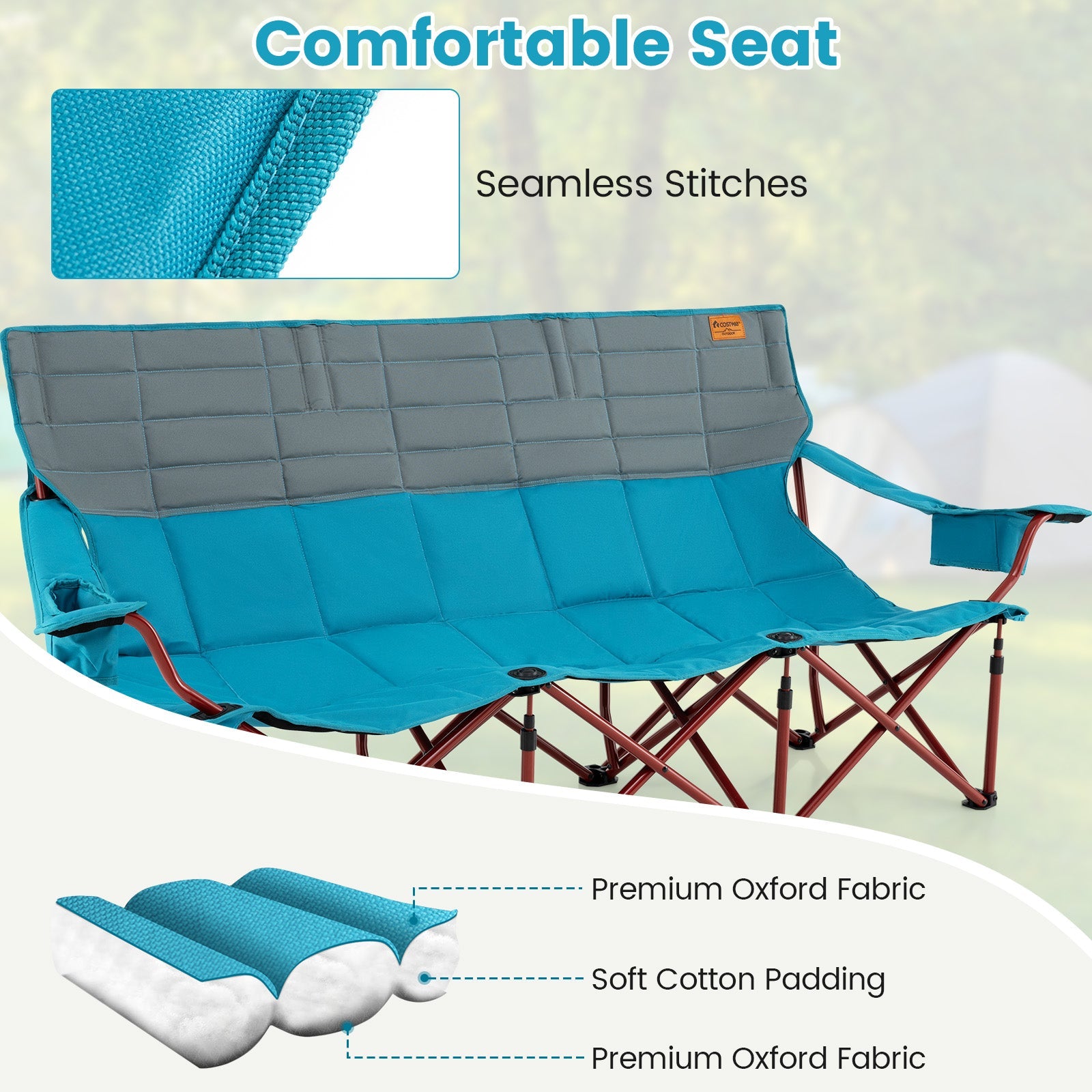 3 Person Folding Camping Chair with 2 Cup Holders Cotton Padding & Storage Bag-Blue