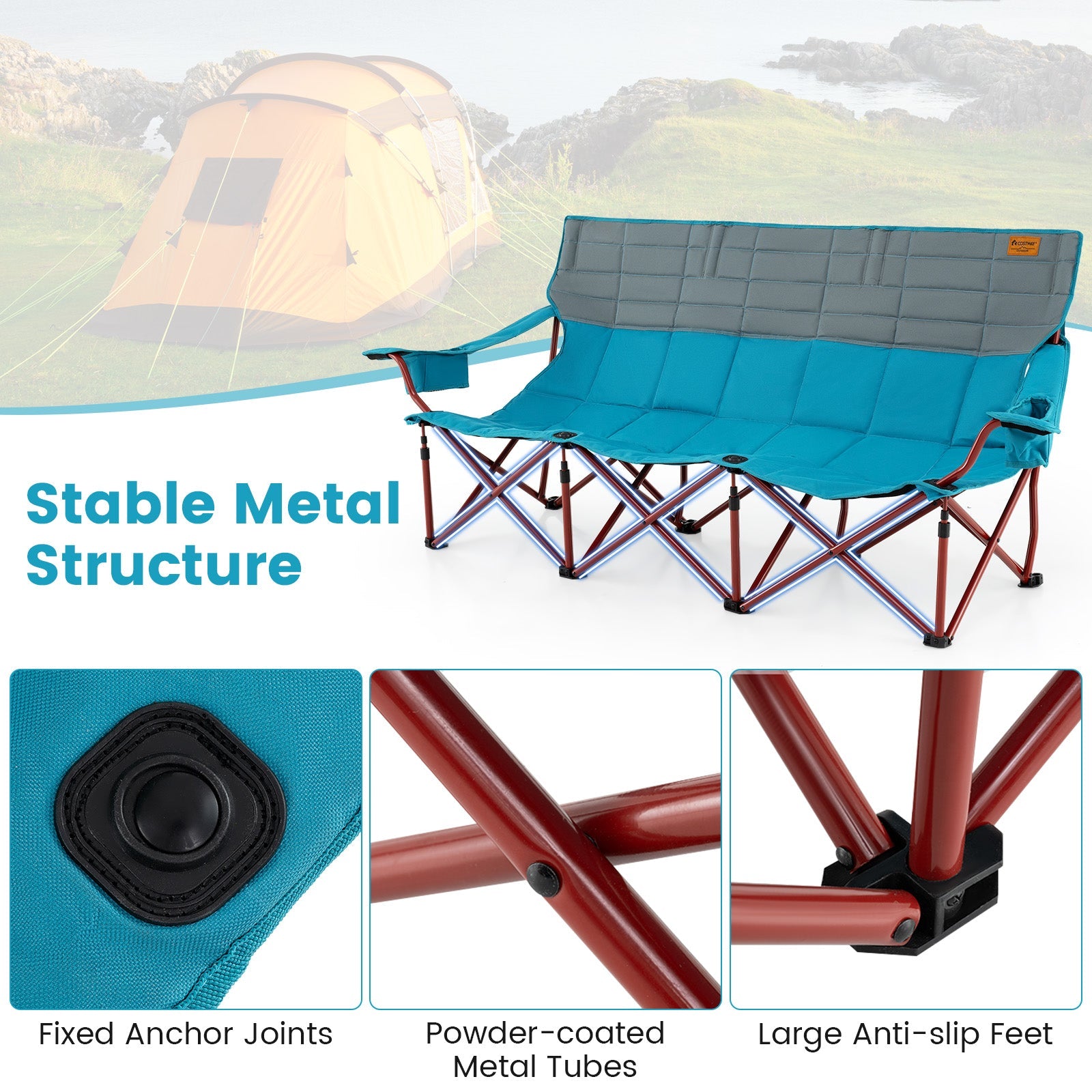 3 Person Folding Camping Chair with 2 Cup Holders Cotton Padding & Storage Bag-Blue