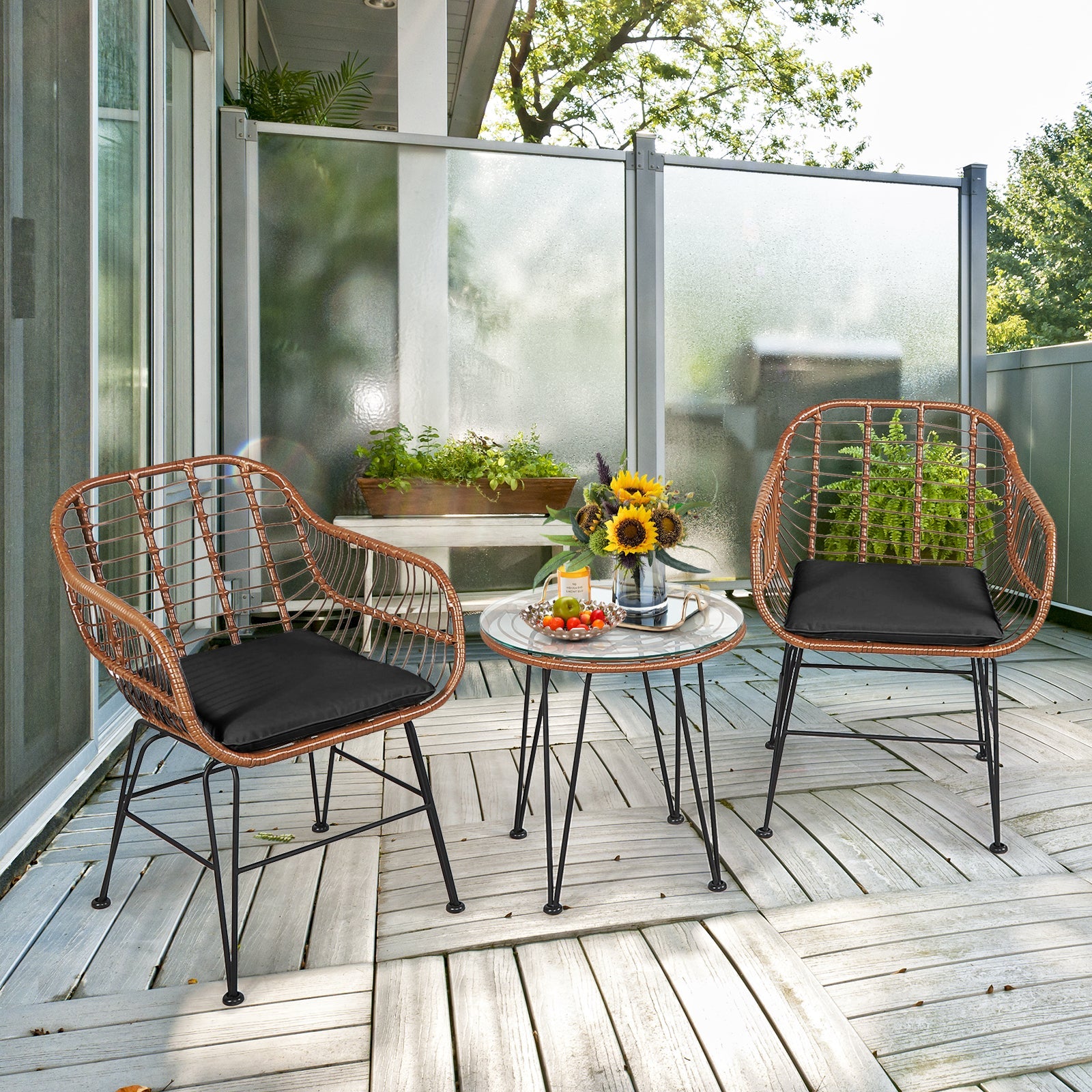 3 Pieces Patio Rattan Bistro Set with Cushion-Black