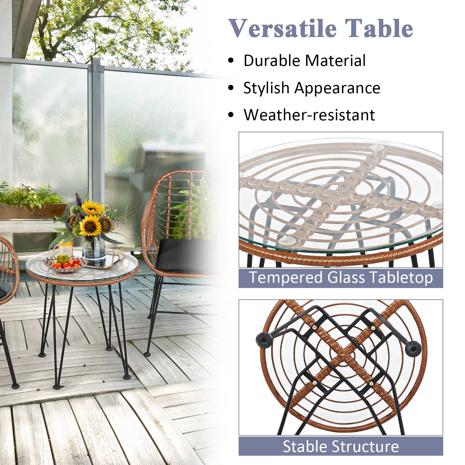 3 Pieces Patio Rattan Bistro Set with Cushion-Black