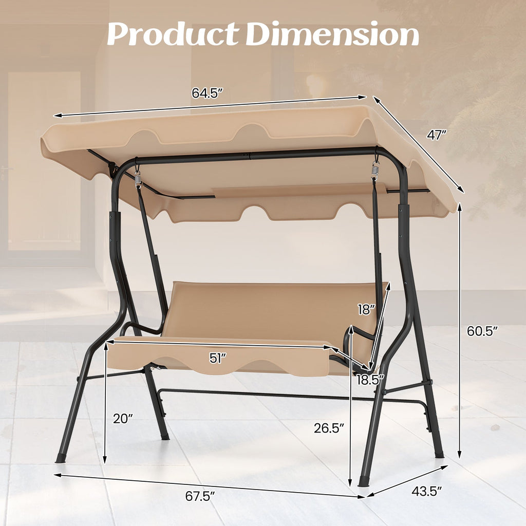 3 Seat Outdoor Patio Canopy Swing with Cushioned Steel Frame-Beige