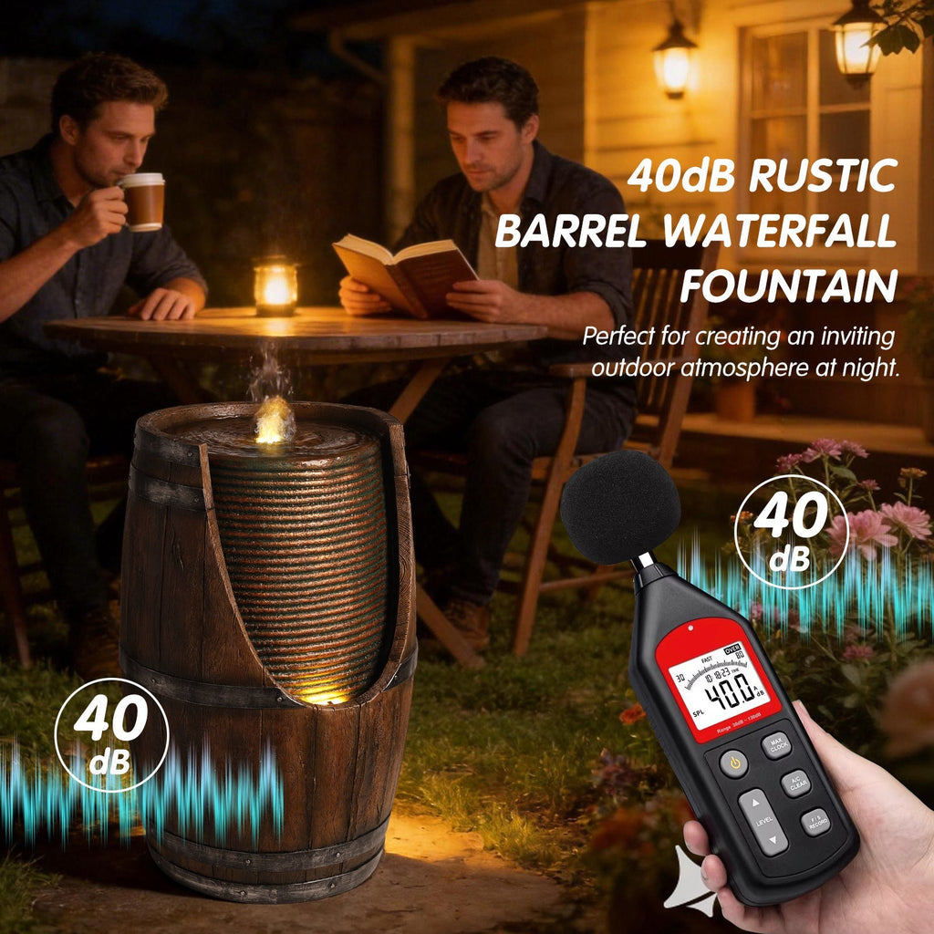 Outdoor Barrel Water Fountain with Rustic Wood Look Resin
