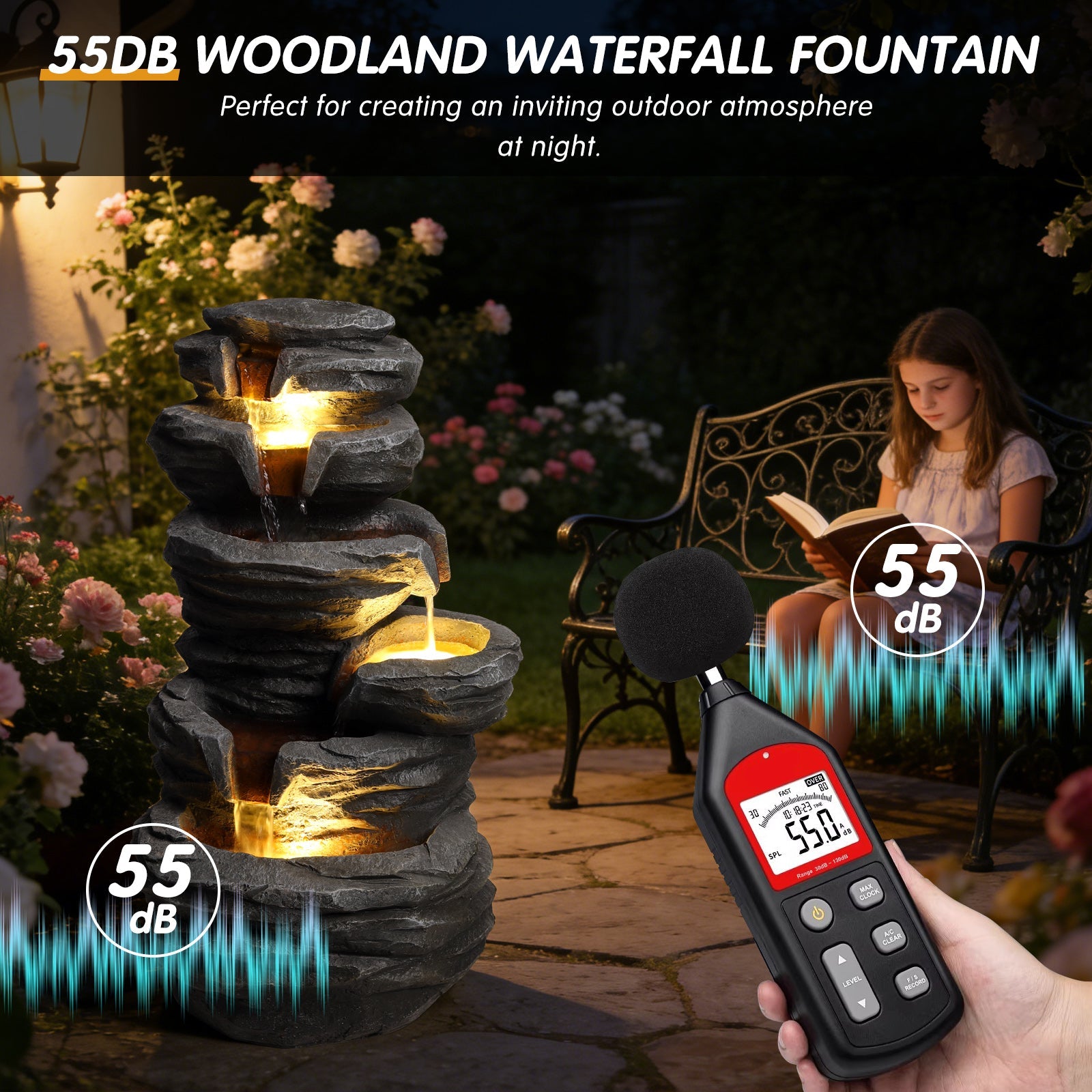 Outdoor Waterfall Fountain with Lights