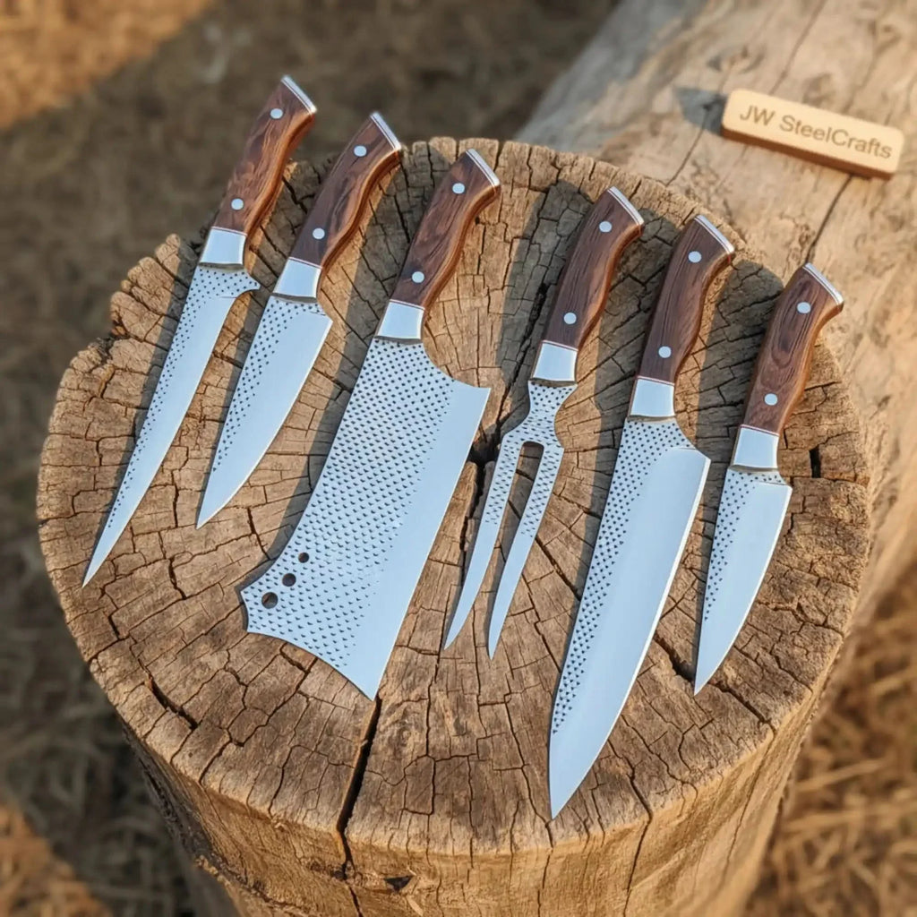6-Piece Rasp Steel Kitchen Knife Set with Carving Fork — Natural Wood Red Spacer Handles, Steel Bolsters, 7 to 13 Inch