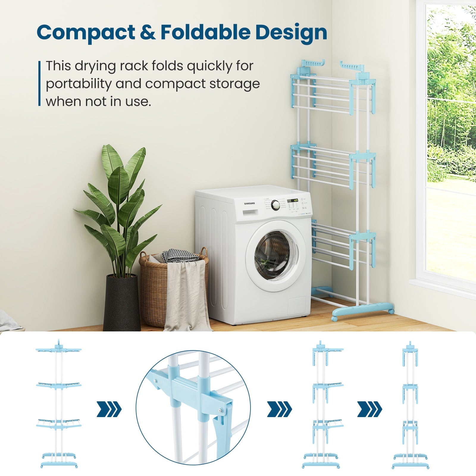 4-tier Clothes Drying Rack with Rotatable Side Wings and Collapsible Shelves-Navy