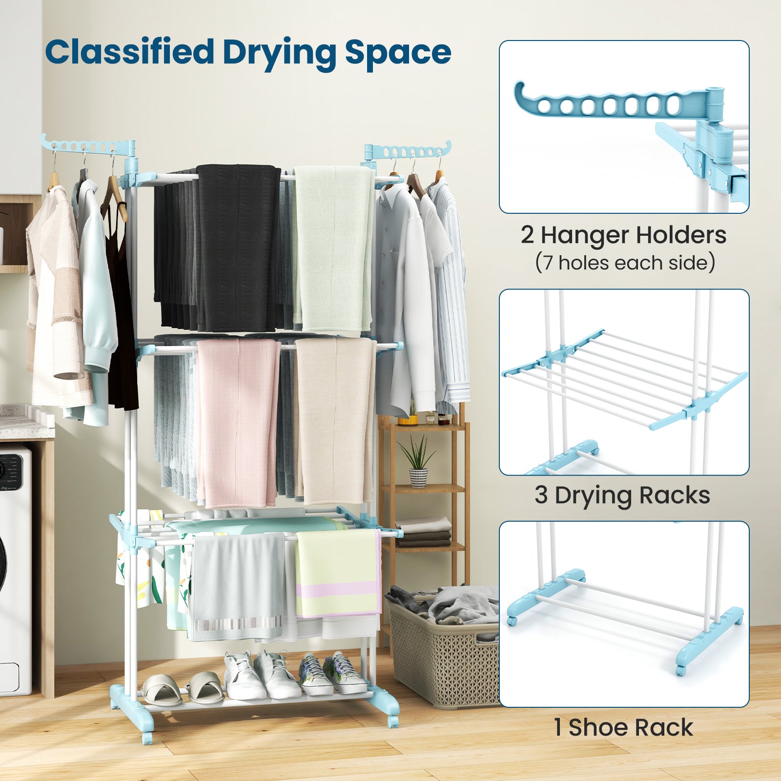 4-tier Clothes Drying Rack with Rotatable Side Wings and Collapsible Shelves-Navy