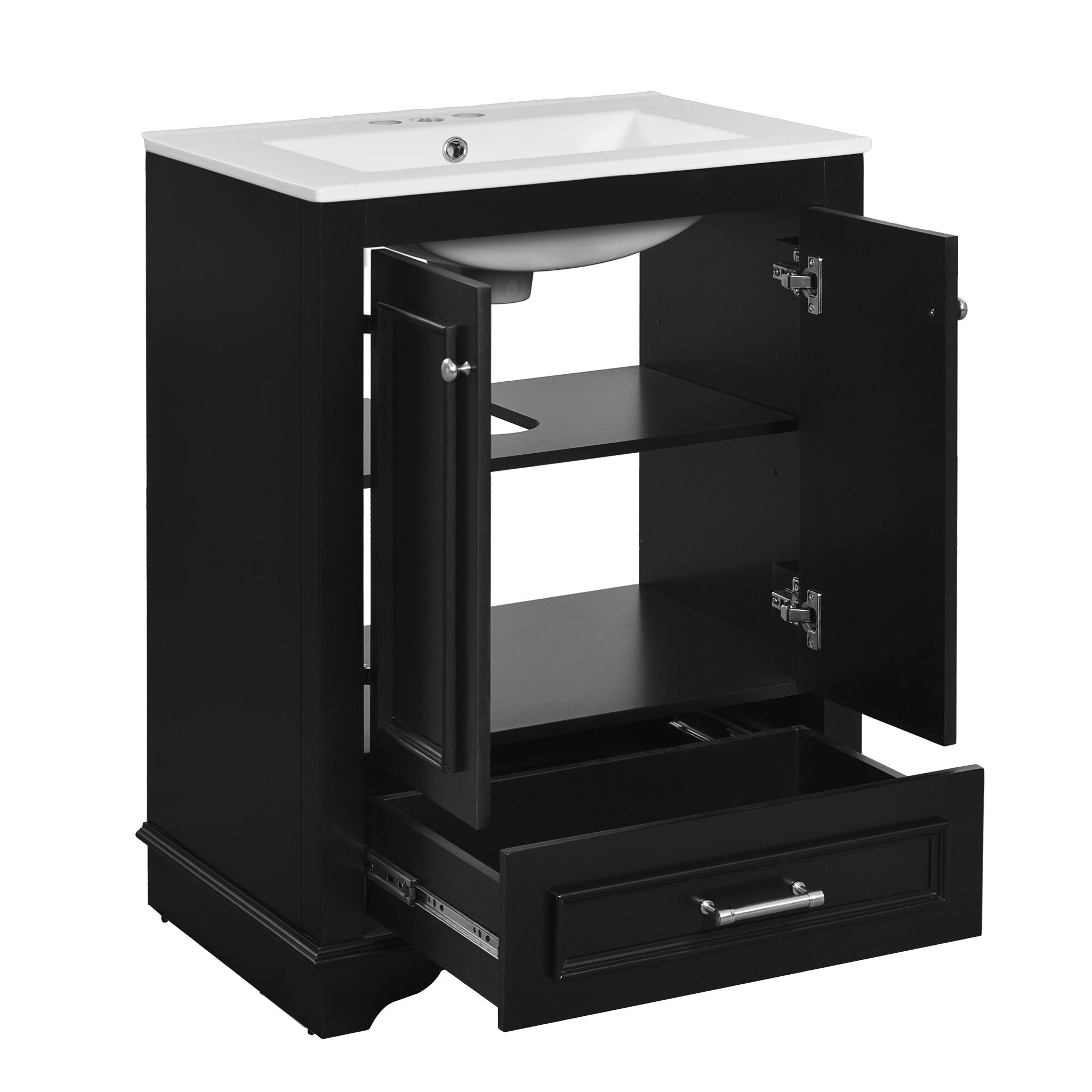 Bathroom Vanity With Ceramic Sink Combo, Modern Freestanding Storage Cabinet With Silver Handles