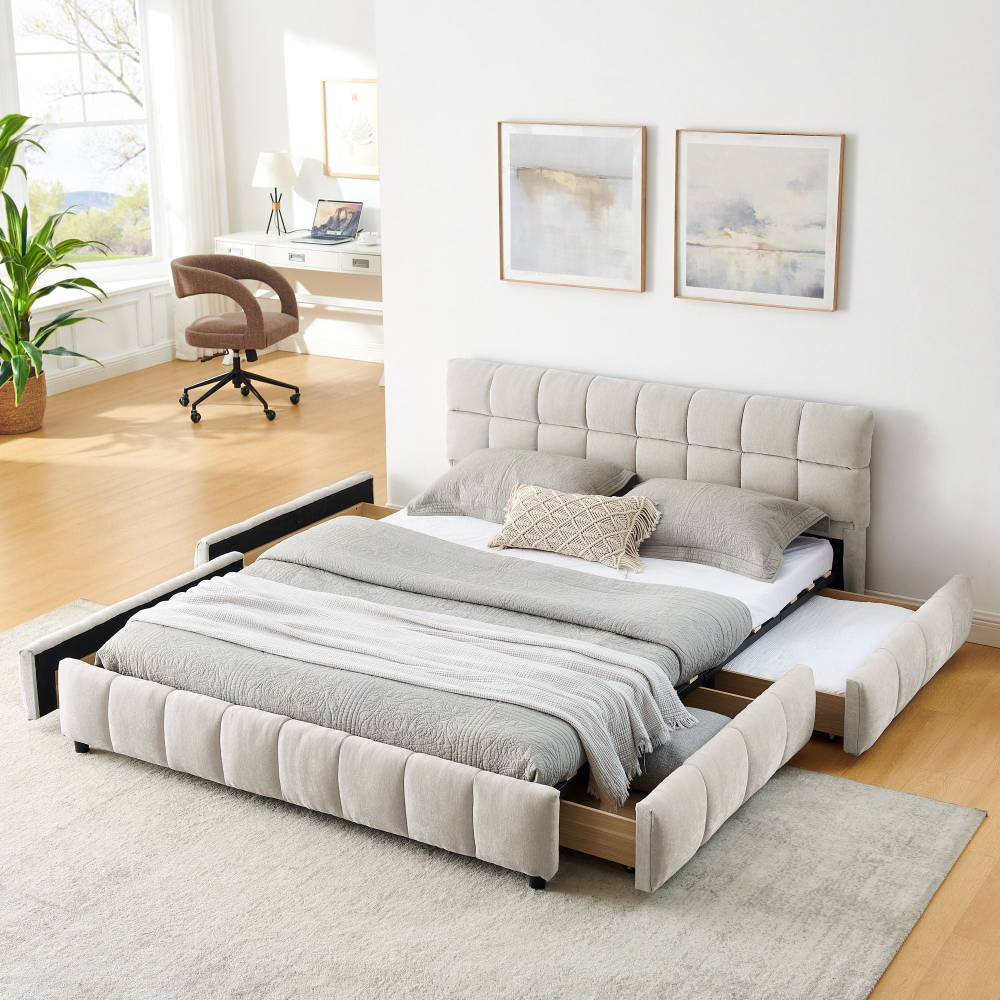 Modern Platform Bed Frame With Thick Fabric