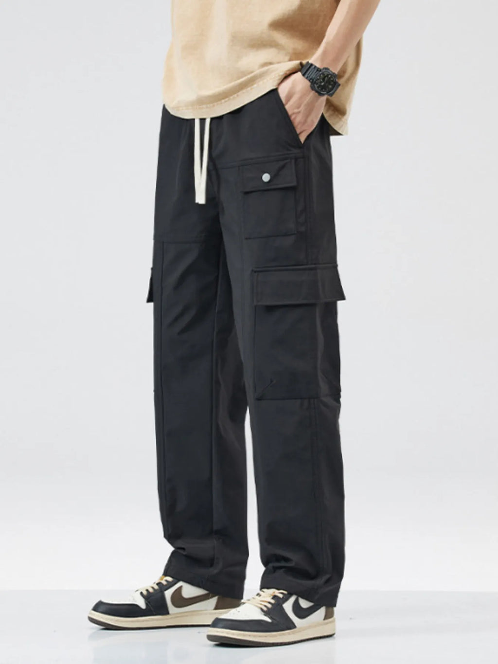 Men's Full Size Relaxed Fit Cargo Pants with Drawstring