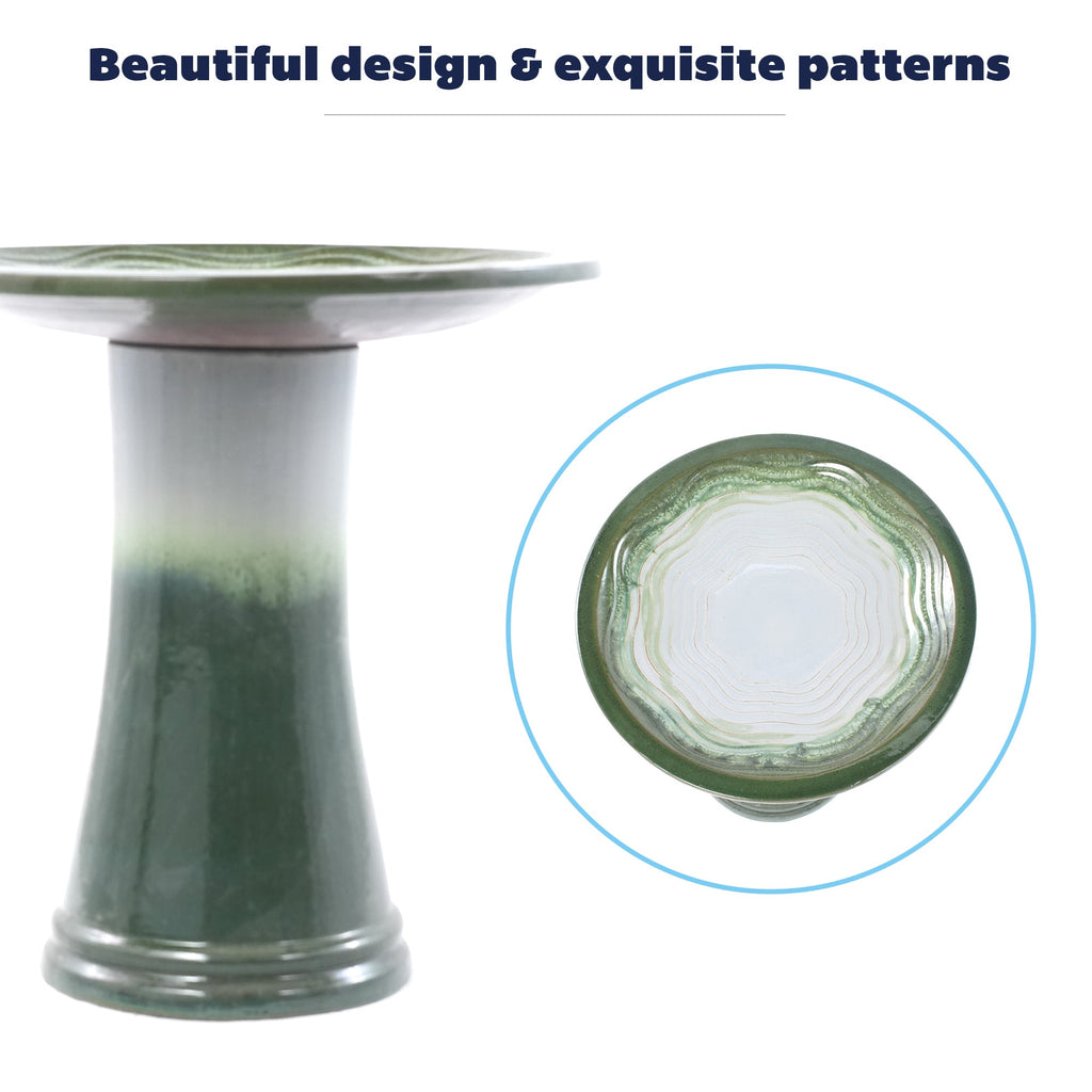 Handmade Glazed Ceramic Bird Bath, 17" Concentric Ripple Embossed Tray & 18" Pedestal Base