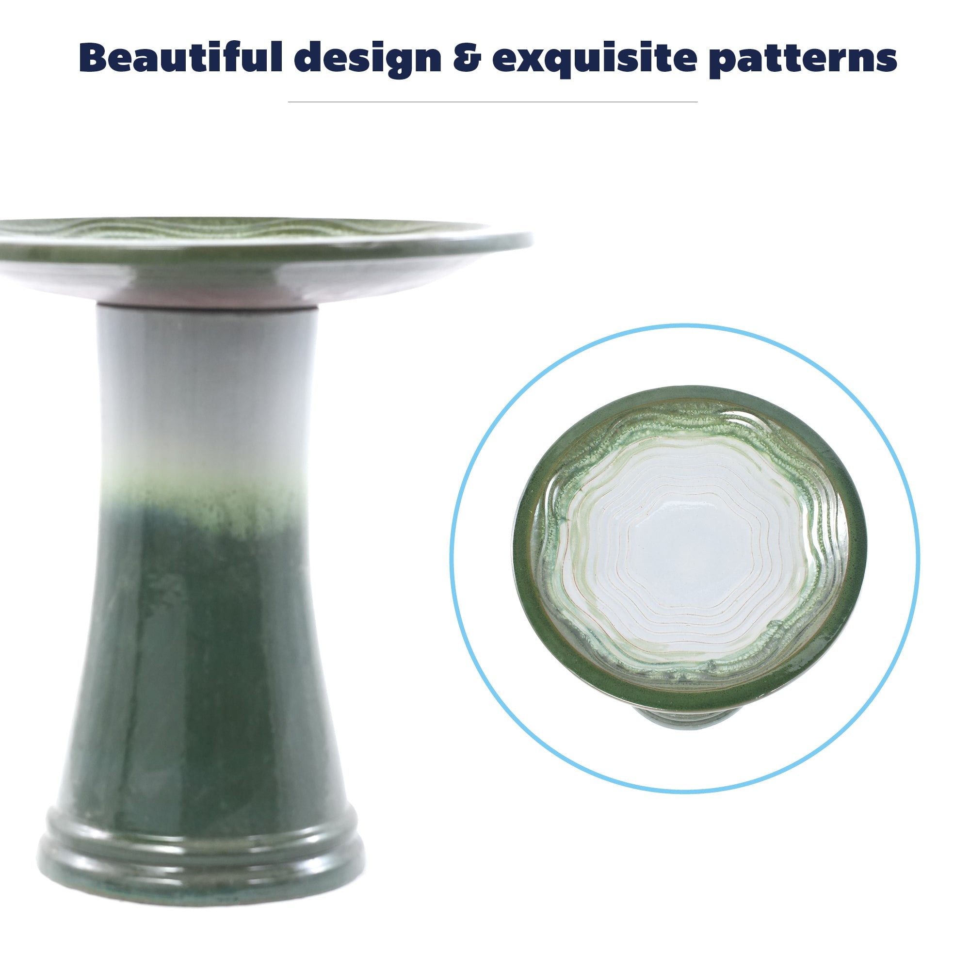 Handmade Glazed Ceramic Bird Bath, 17" Concentric Ripple Embossed Tray & 18" Pedestal Base
