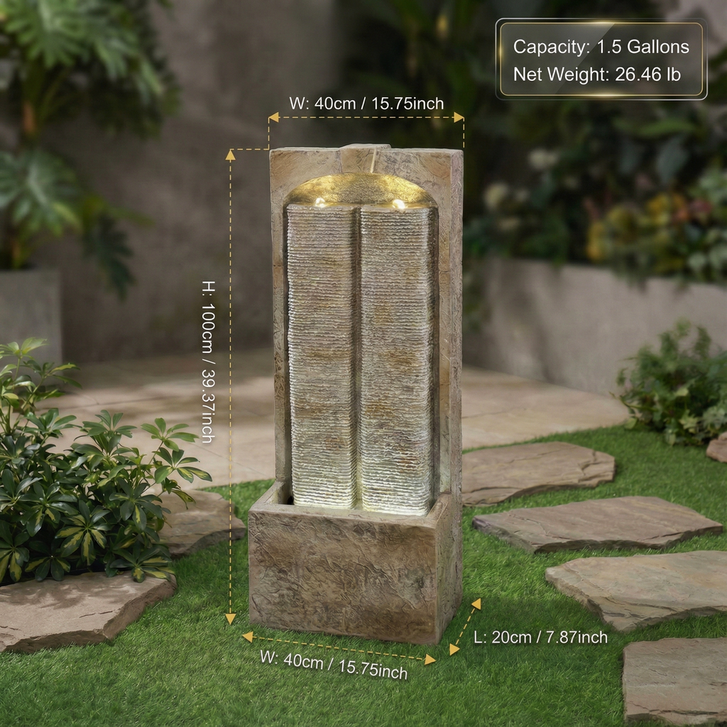 39 Inch Outdoor Water Fountain with Pump and LED Lights