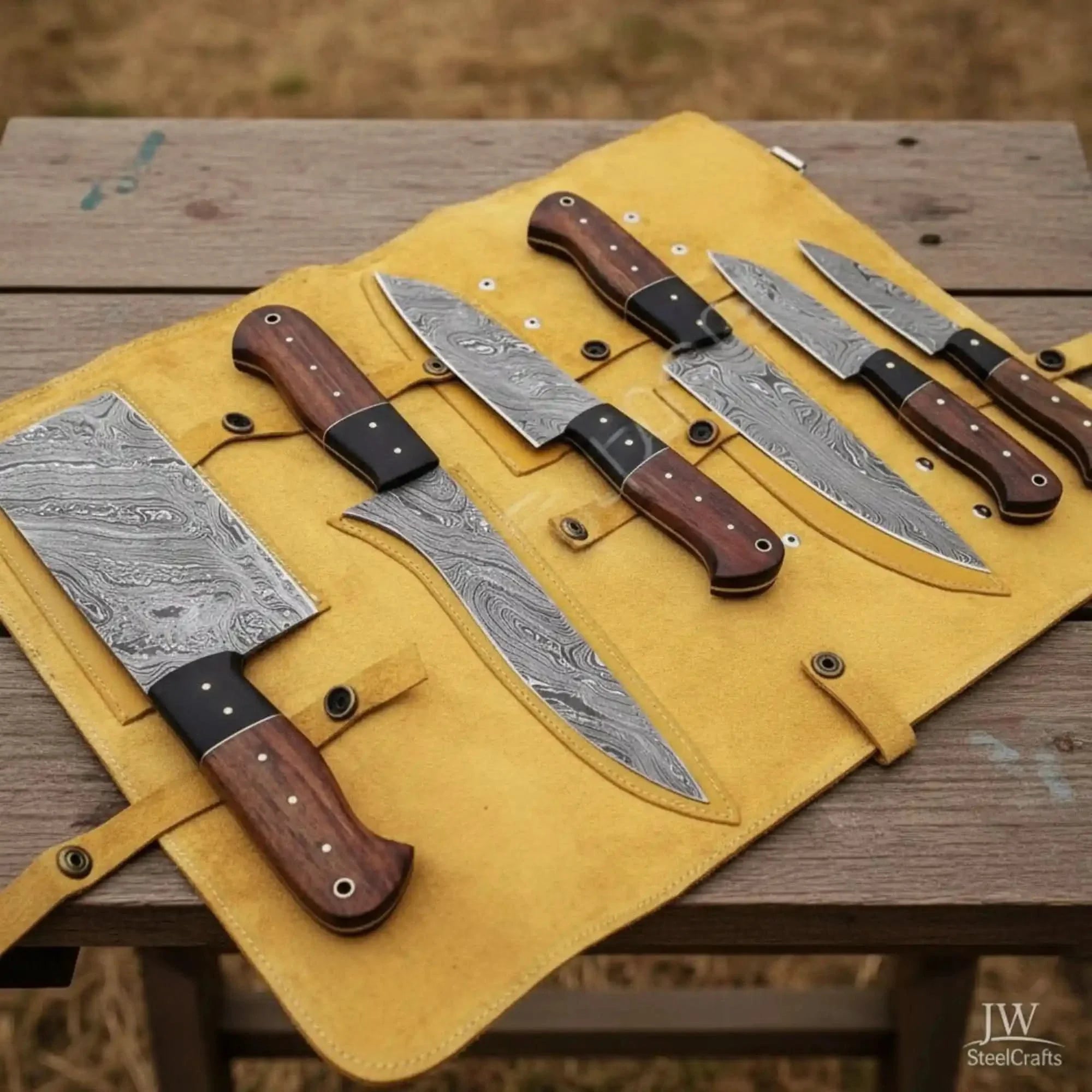 6-Piece Damascus Kitchen Set with Cleaver, Chef, Skinner and Utility Blades, Rosewood and Black Resin Handles