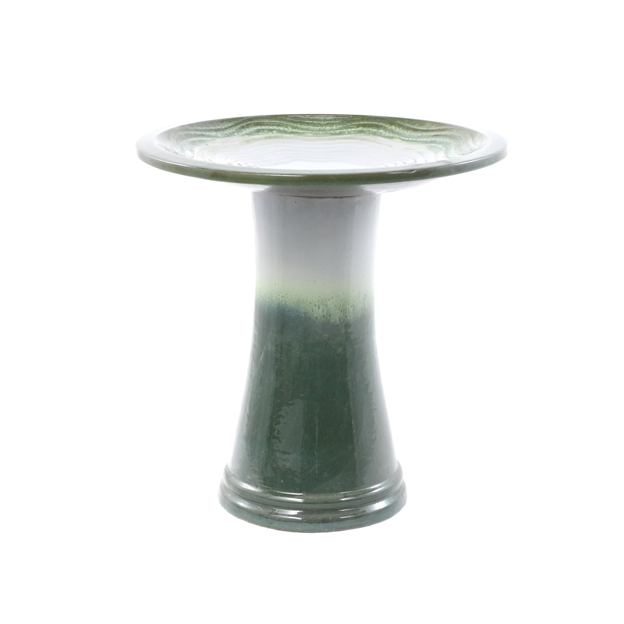Handmade Glazed Ceramic Bird Bath, 17" Concentric Ripple Embossed Tray & 18" Pedestal Base