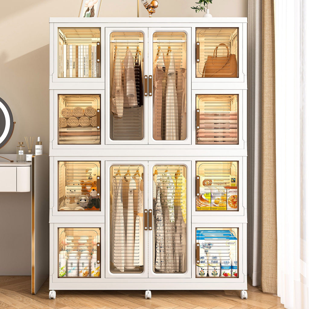 Portable Wardrobe Closet Storage Organizer For Clothes With Magnetic Doors, 12 Cubes & 2 Hanging Rods - White