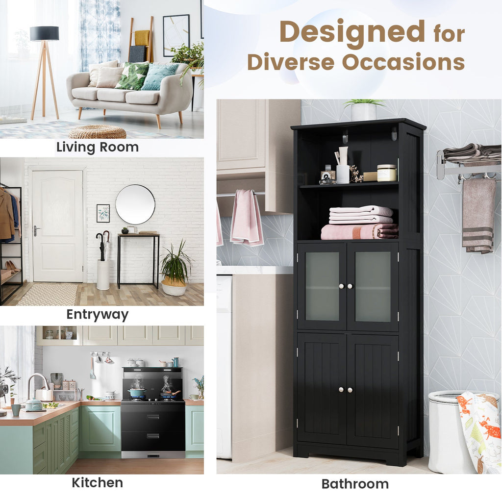 6-Tier Freestanding Bathroom Cabinet with 2 Open Compartments and Adjustable Shelves-Black
