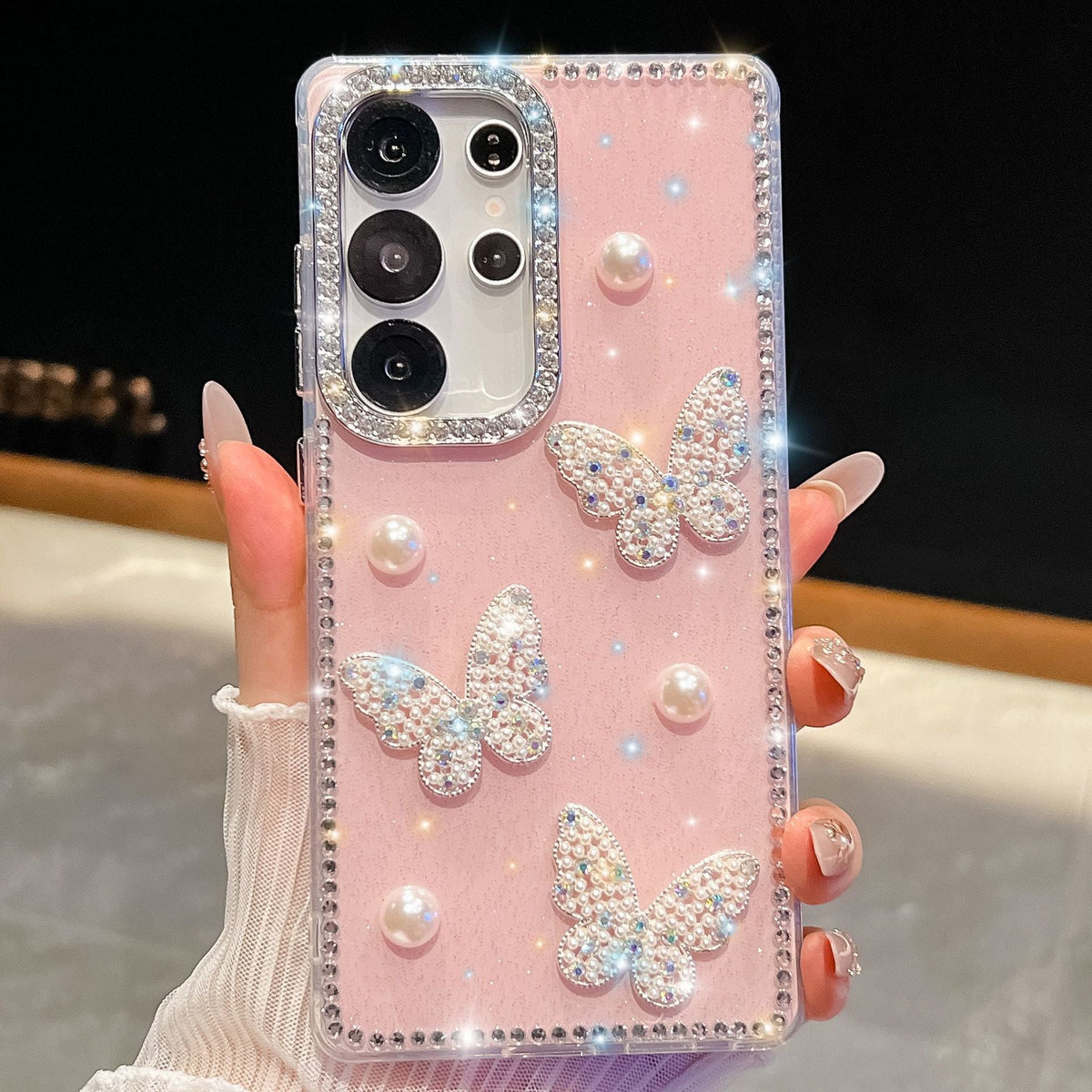 Glitter Powder Pearl Butterfly Style Phone Case With Rhinestones