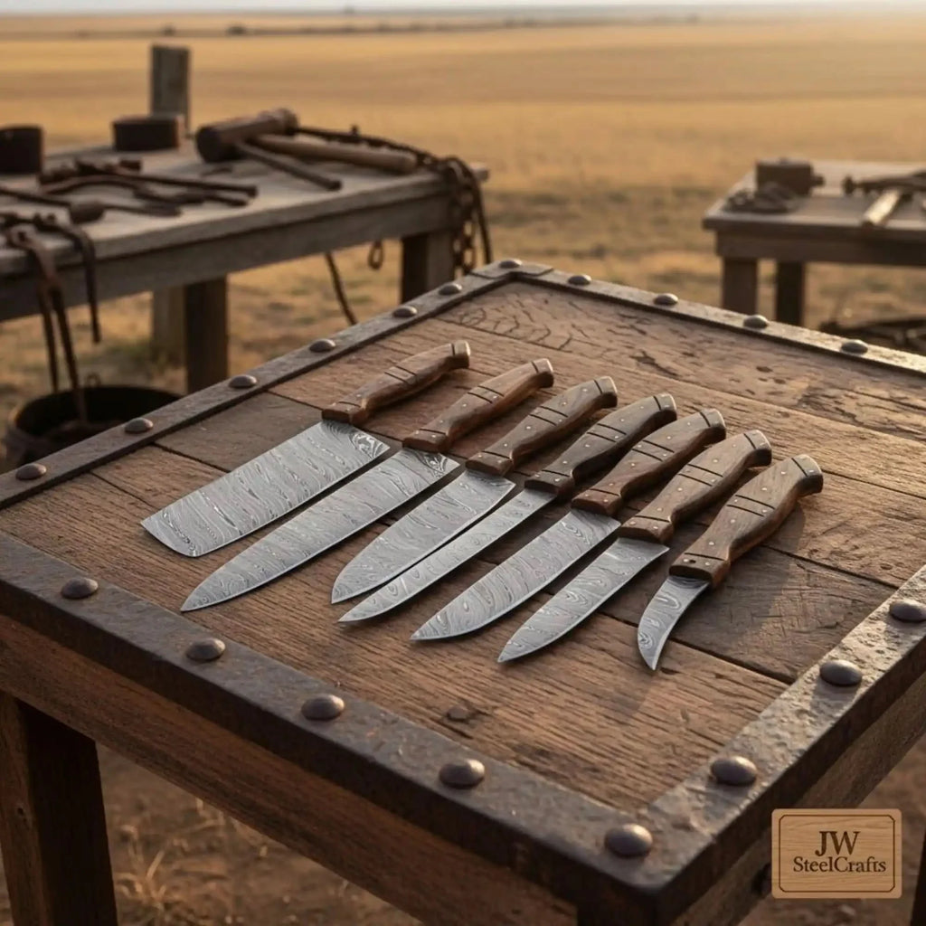 7-Piece Damascus Kitchen Knife Set — Bread, Nakiri, Chef, Santoku, Utility, Boning & Paring with Rosewood Handles & Wood Spacer