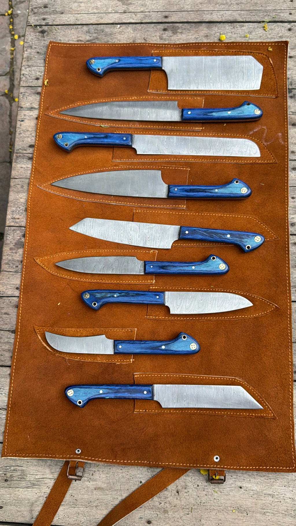 9-Piece Damascus Kitchen Knife Set with Leather Roll and Blue Pakka Wood Handles