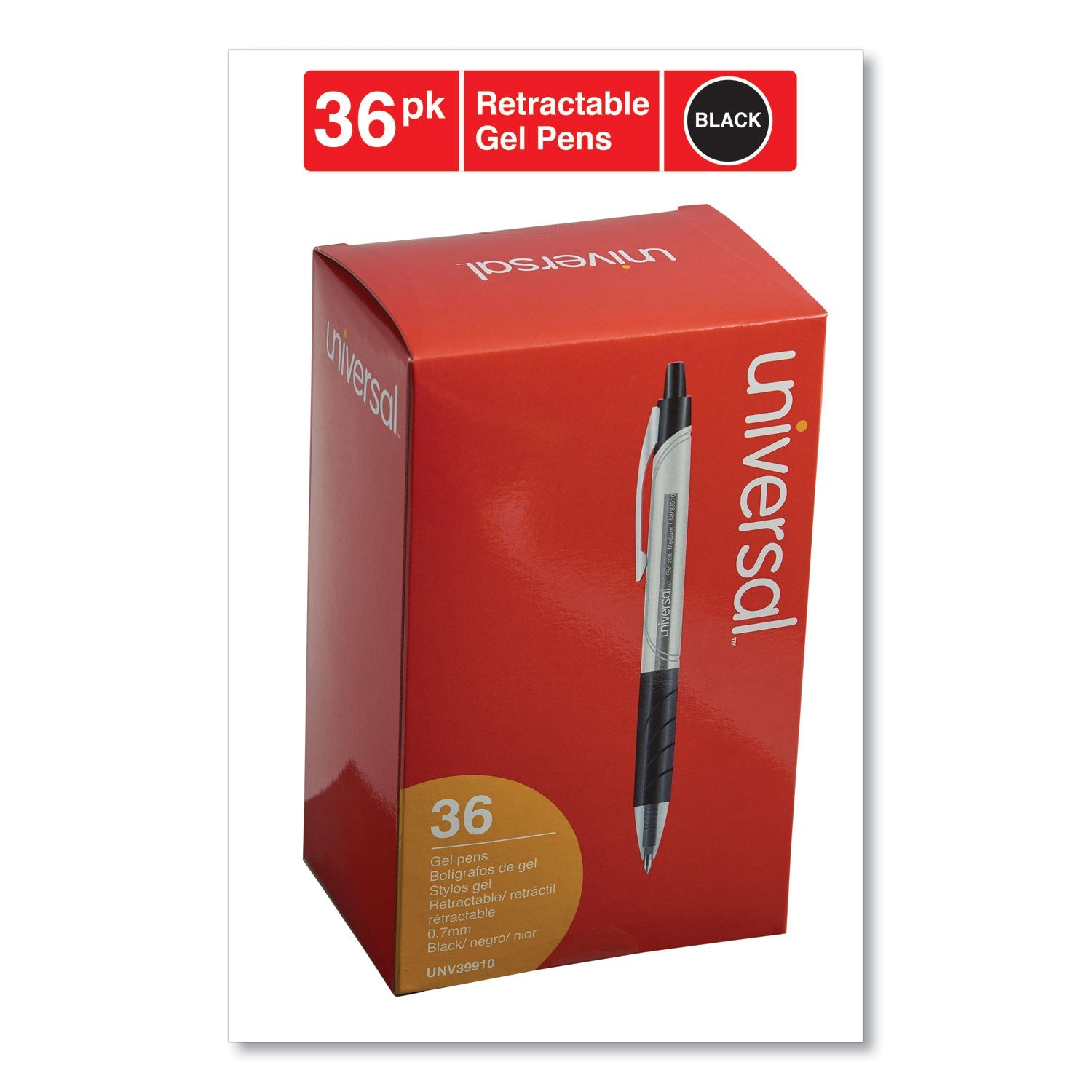 Universal Comfort Grip Gel Pen, Retractable, Medium 0.7 mm, Black Ink, Clear/Black Barrel, 36/Pack