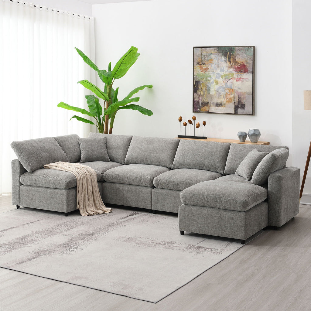 Modern Modular Cloud Sofa Bed, 6 Seat Sectional Couch Set With Ottoman, Free Combination, Convertible U Shaped Sleeper Sofa For Living Room