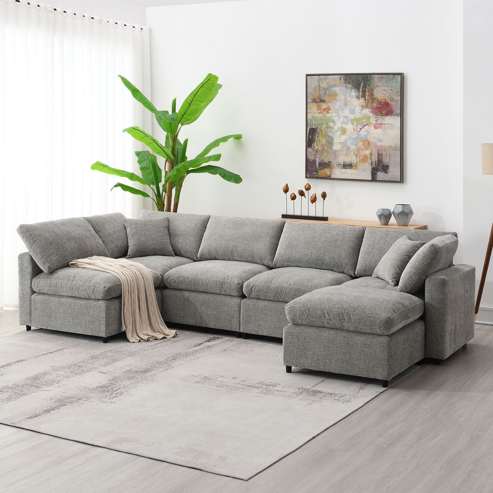 Modern Modular Cloud Sofa Bed, 6 Seat Sectional Couch Set With Ottoman, Free Combination, Convertible U Shaped Sleeper Sofa For Living Room